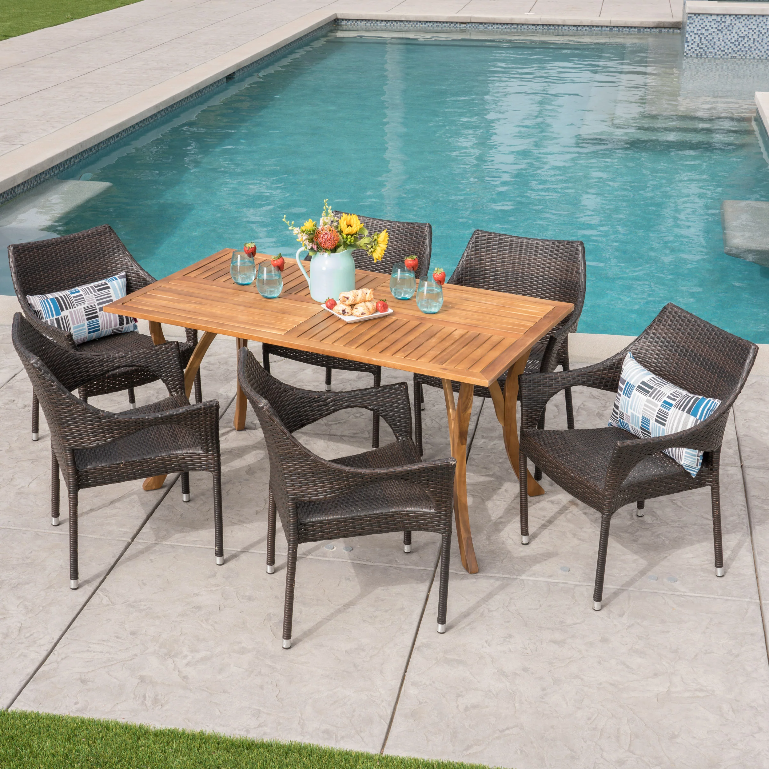 Zoey Outdoor 7 Piece Acacia Wood/ Wicker Dining Set, Teak Finish and Multibrown - furnishings