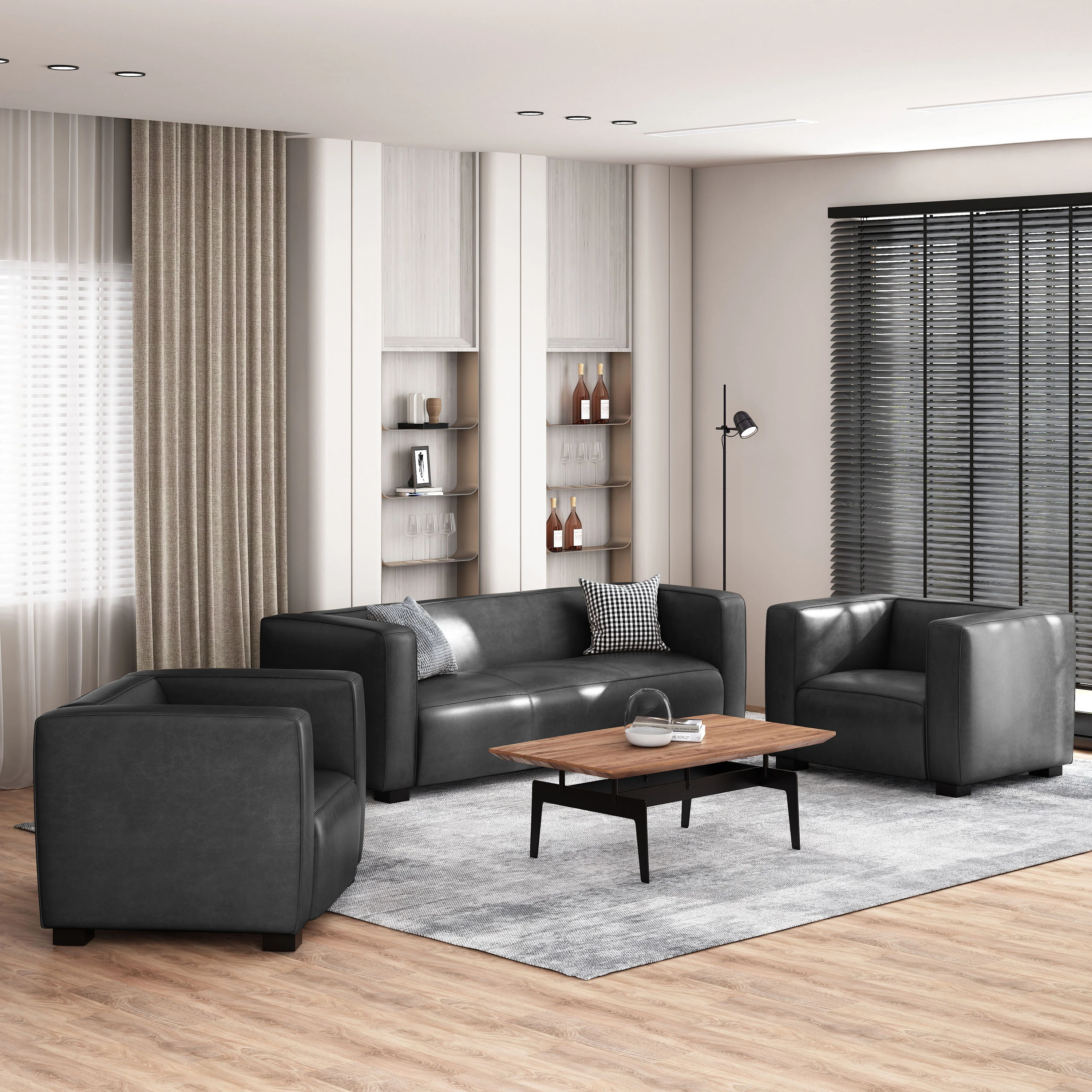 Minkler Contemporary Faux Leather 3 Piece Living Room Sofa Set - furnishings