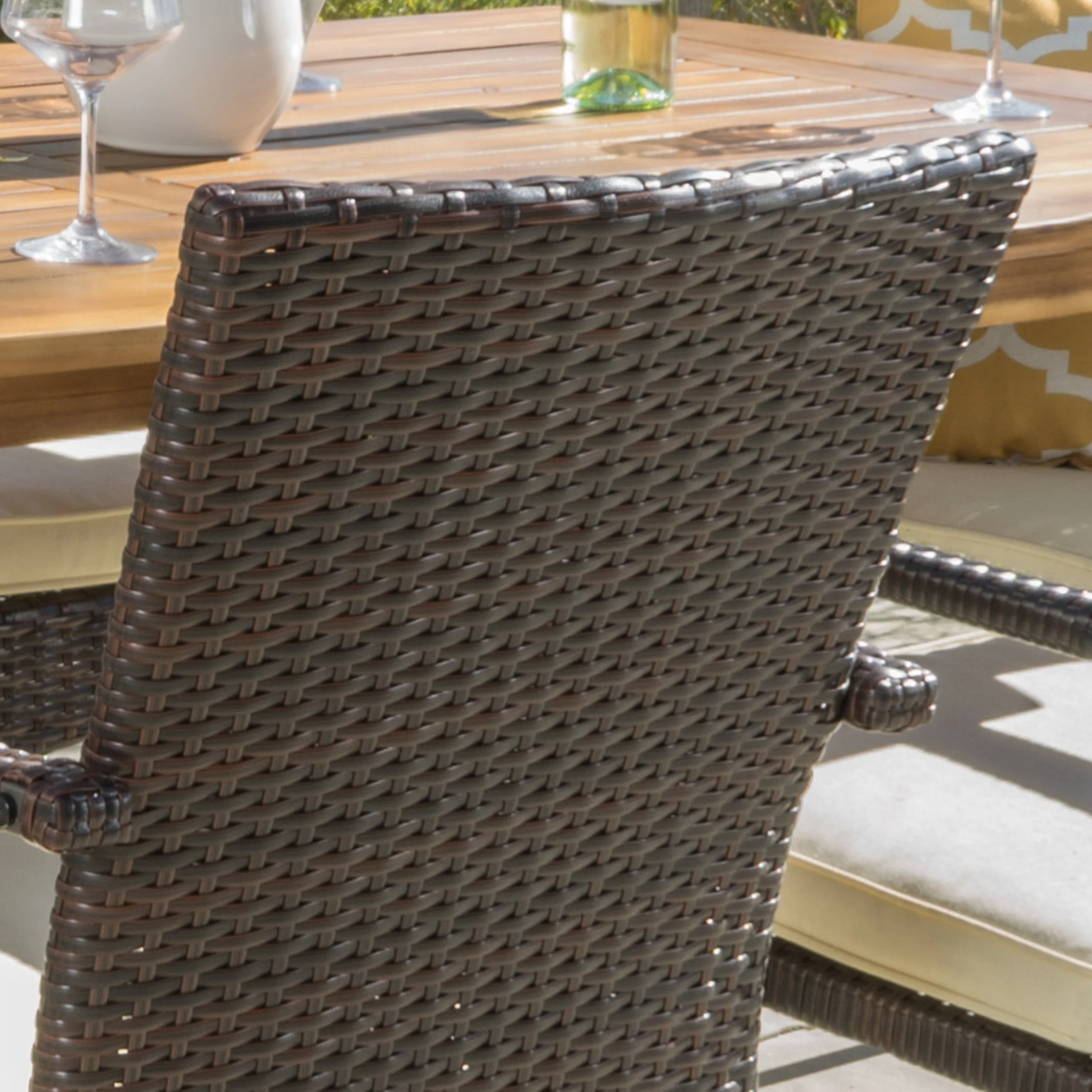Pisciotta Outdoor 7-Piece Brown Wicker Dining Set with Cream Cushions - furnishings