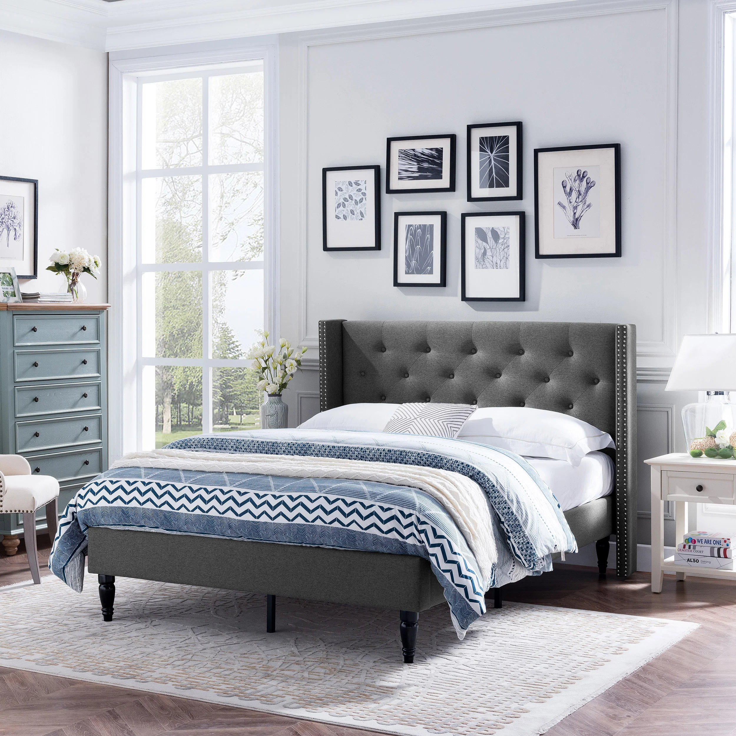 Ray Contemporary Rhinestone-Tufted Wingback Bed Frame with Nailhead Trim - furnishings