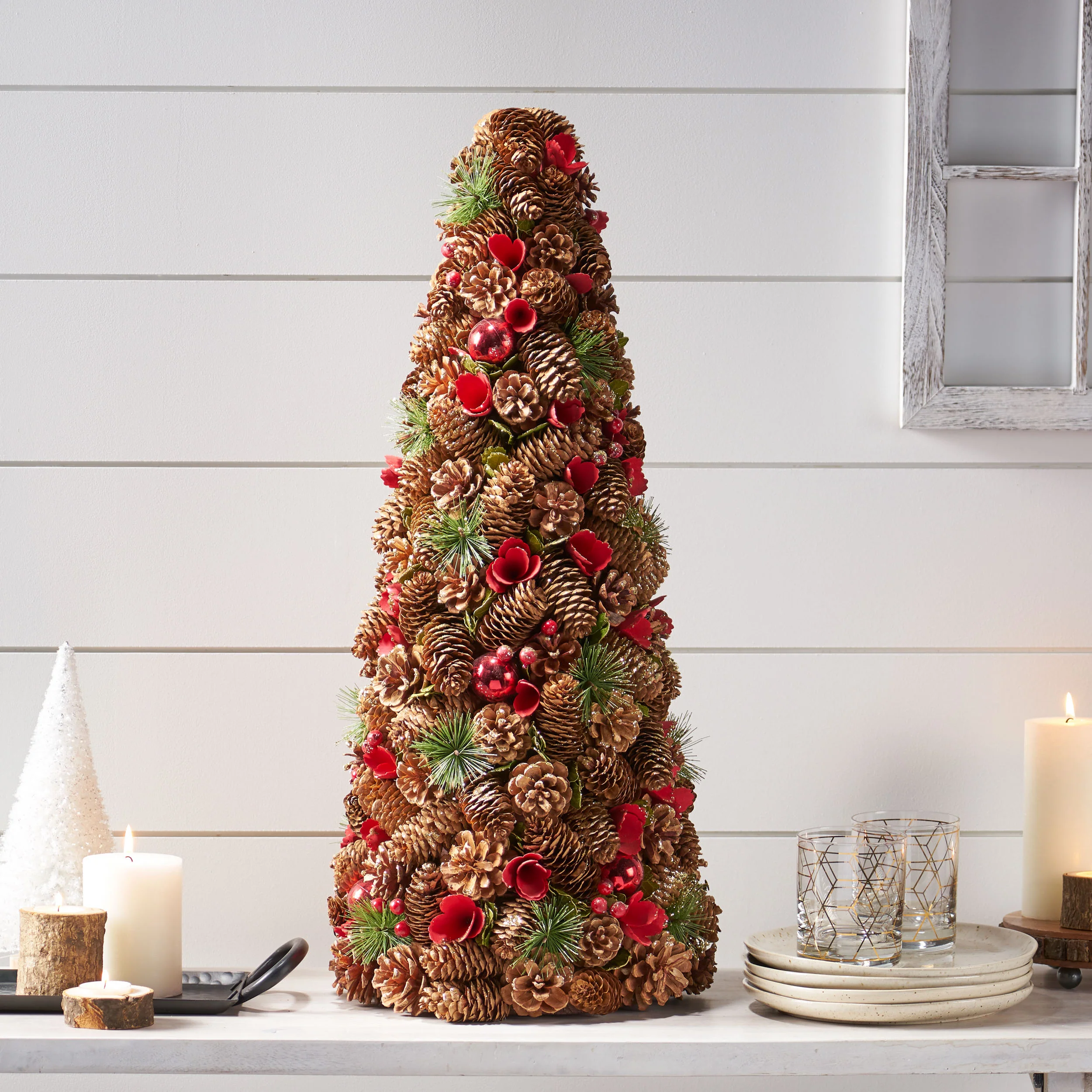 Artificial Pre Decorated Pinecone and Glitter Tabletop Christmas Tree - furnishings