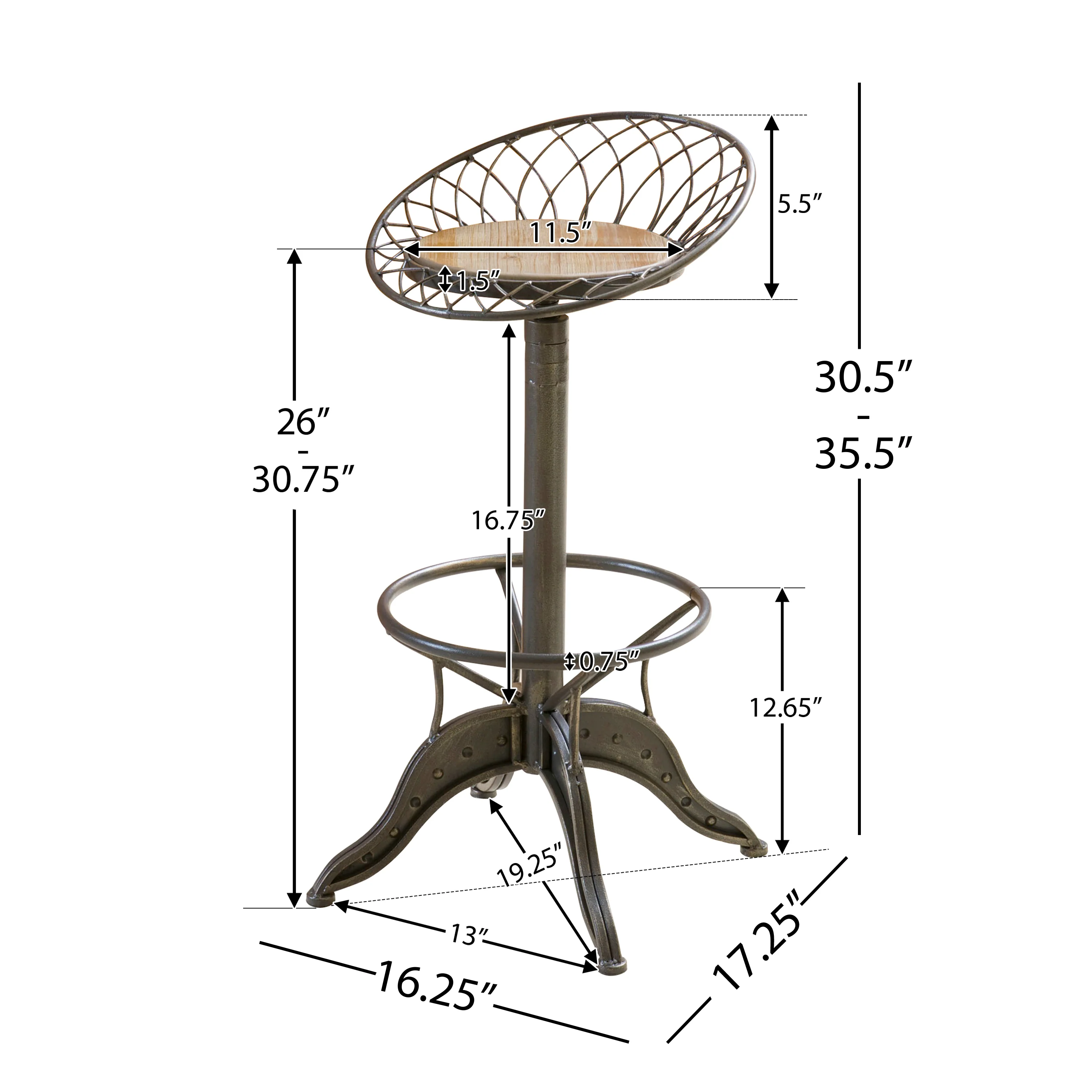 Bethpage Industrial Firwood Adjustable Height Bar Stool, Gray, Brass, and Natural - furnishings