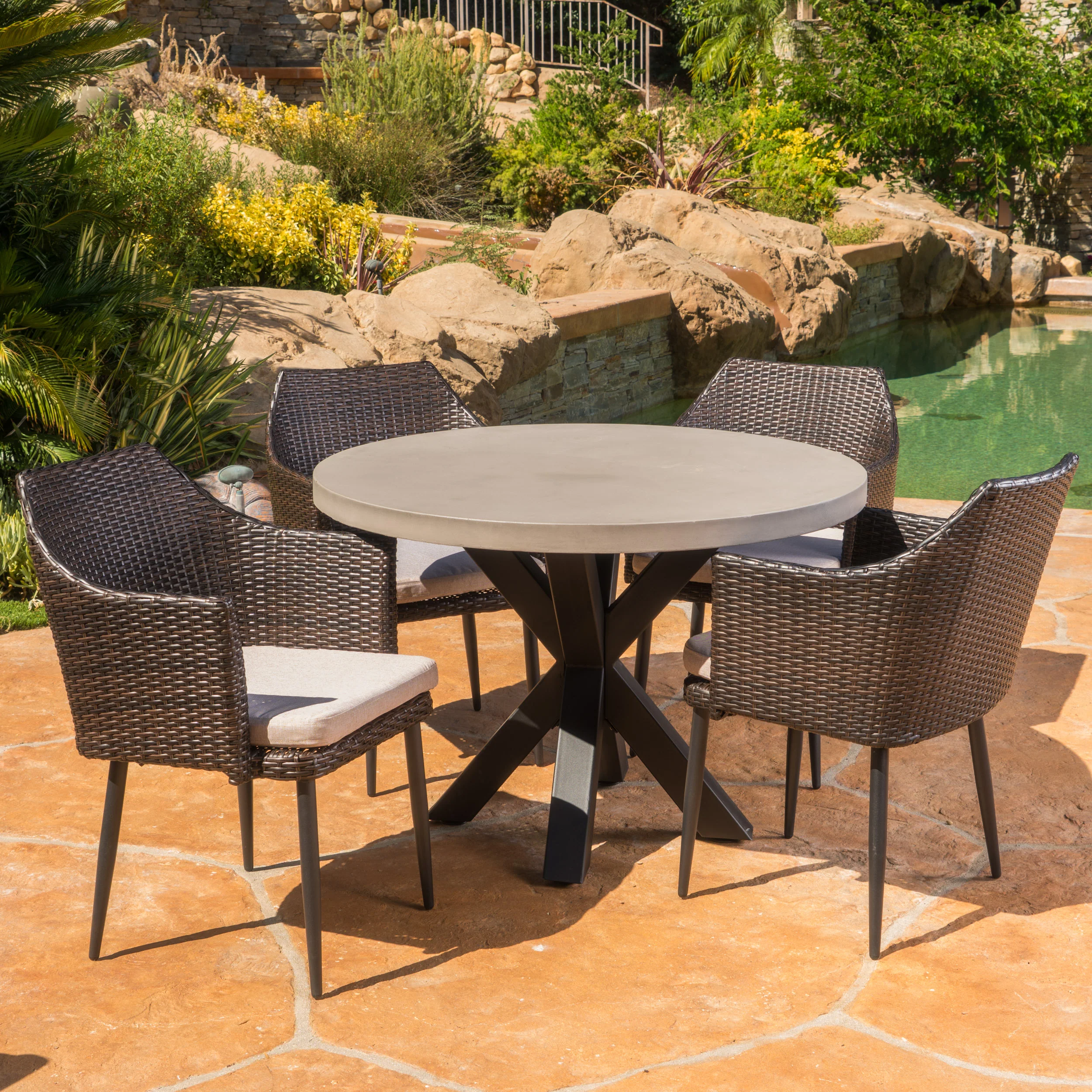 Nelson Outdoor Transitional 5 Piece Wicker Dining Set with Lightweight Concrete Table - furnishings