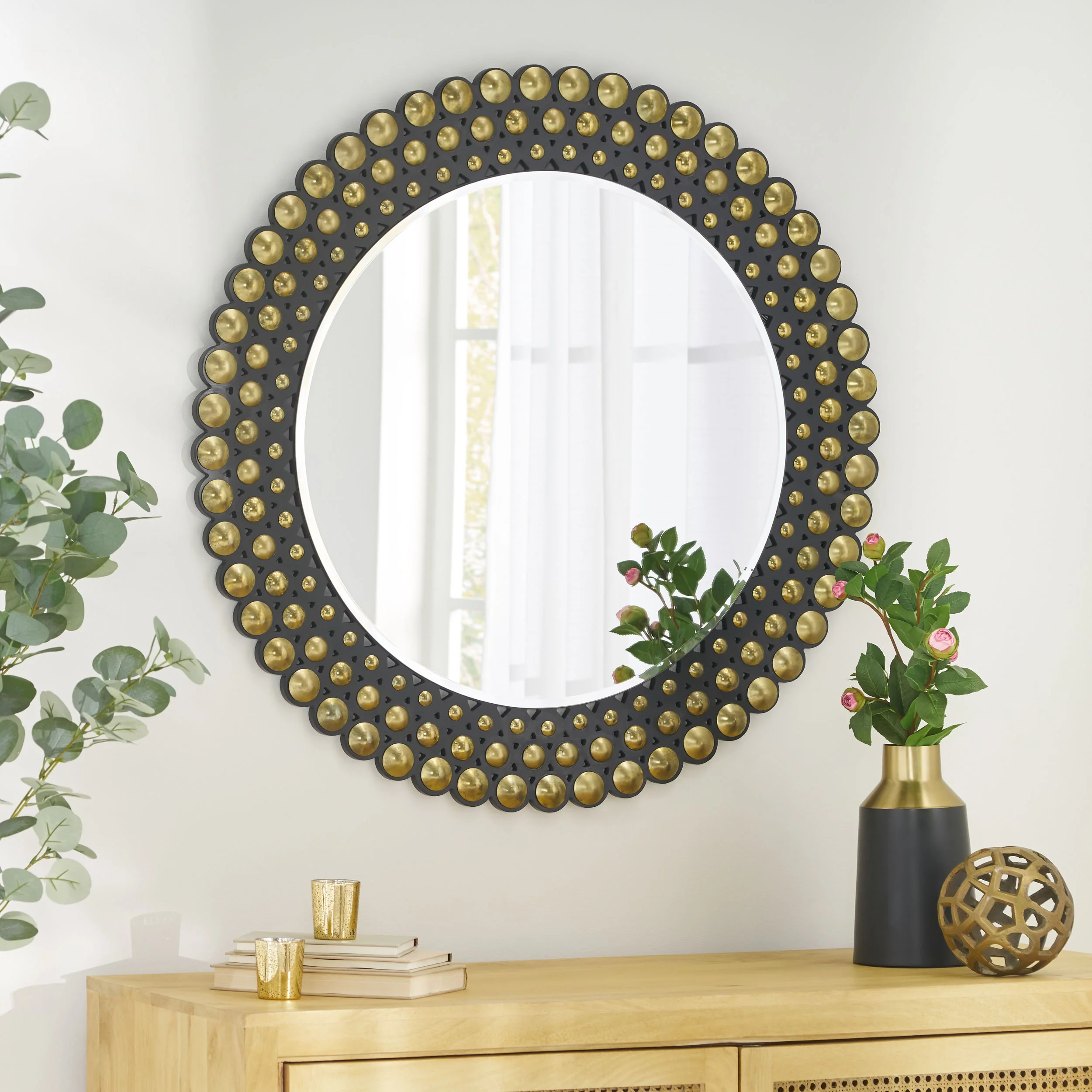 Abels Contemporary Studded Round Wall Mirror - furnishings