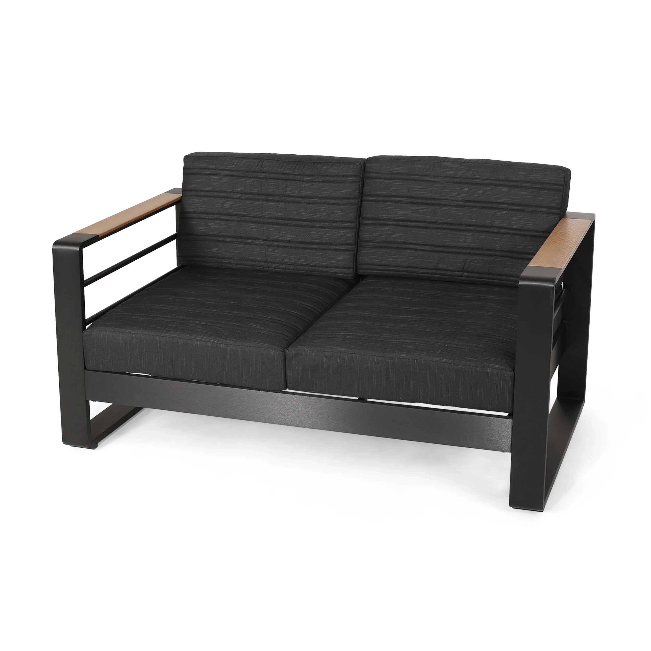 Neffs Outdoor Aluminum Loveseat with Water Resistant Cushions, Dark Gray, Natural, and Black - furnishings