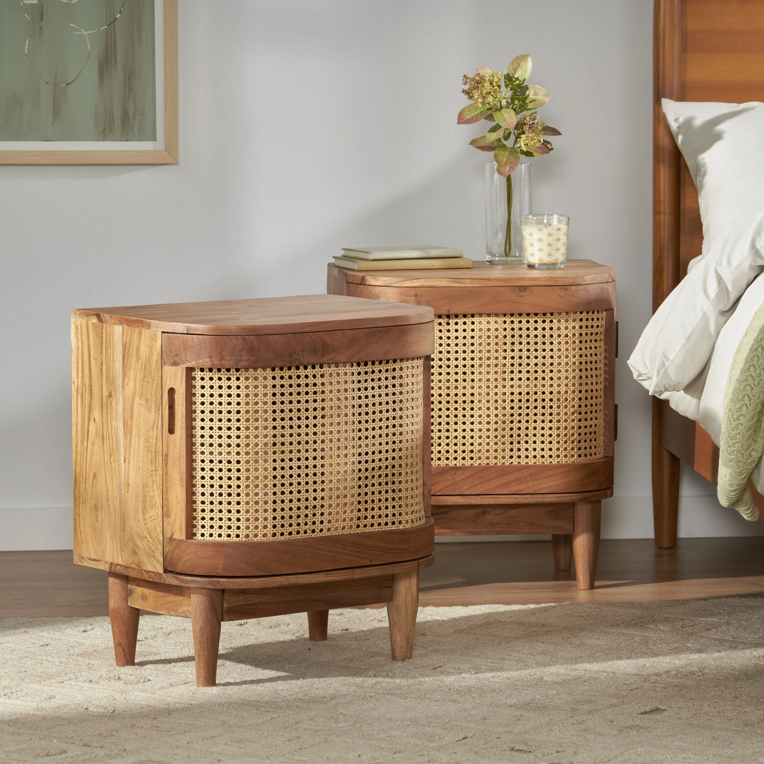 Cerny Rustic Handmade Wood and Cane Nightstand Cabinets, Set of 2, Natural - furnishings