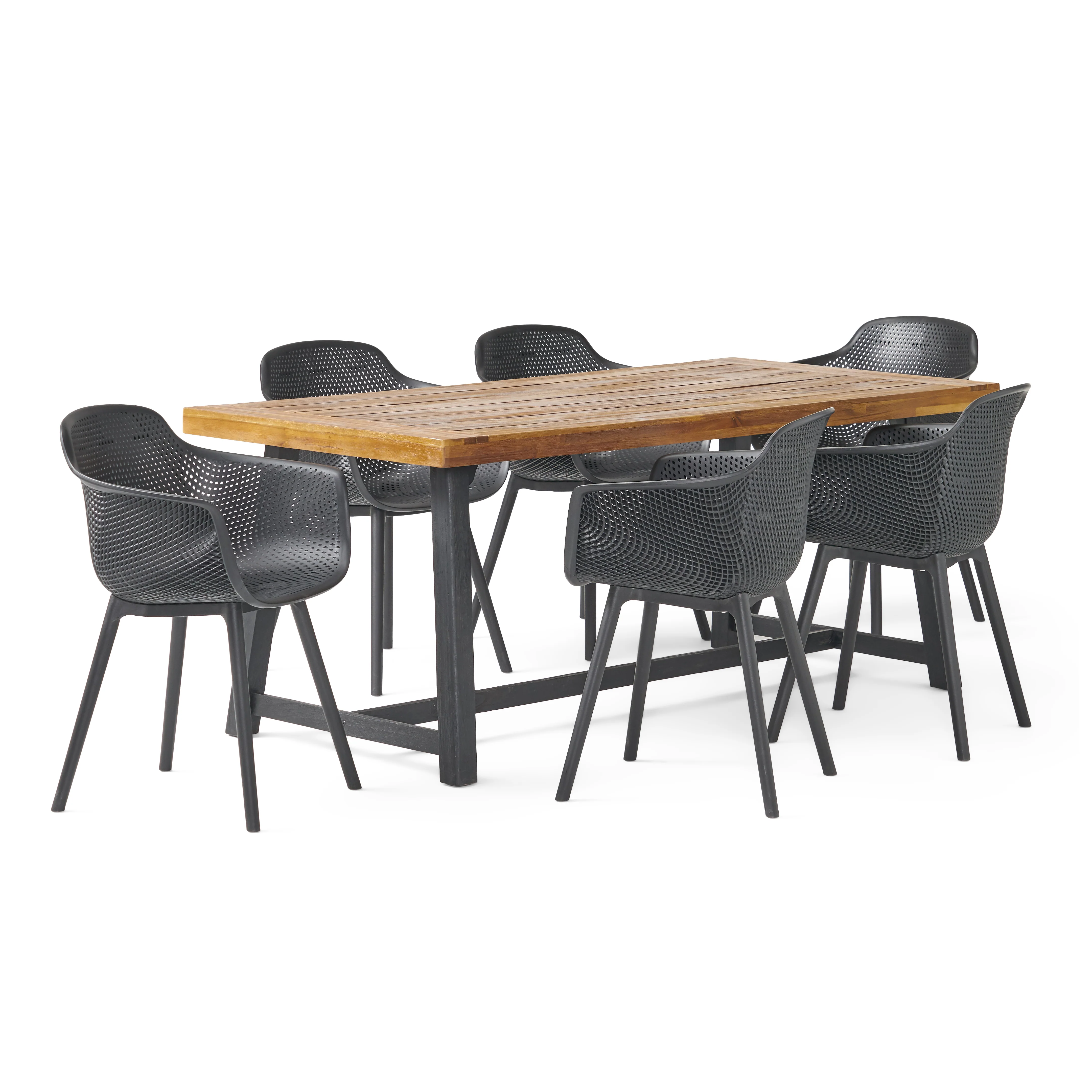 Trinity Outdoor Wood and Resin 7 Piece Dining Set, Black and Sandblasted Teak - furnishings