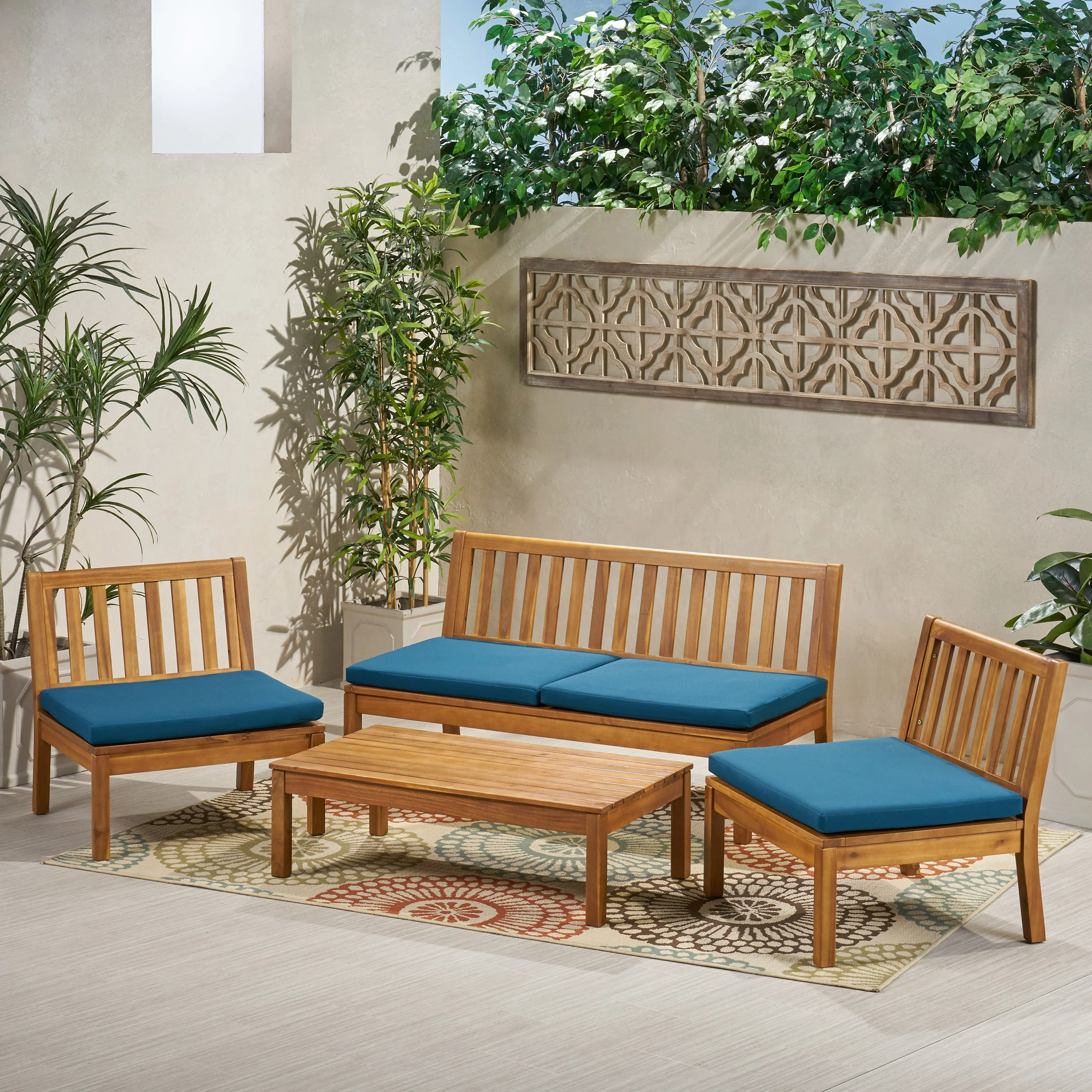 Arth Outdoor Acacia Wood Chat Set with Coffee Table - furnishings