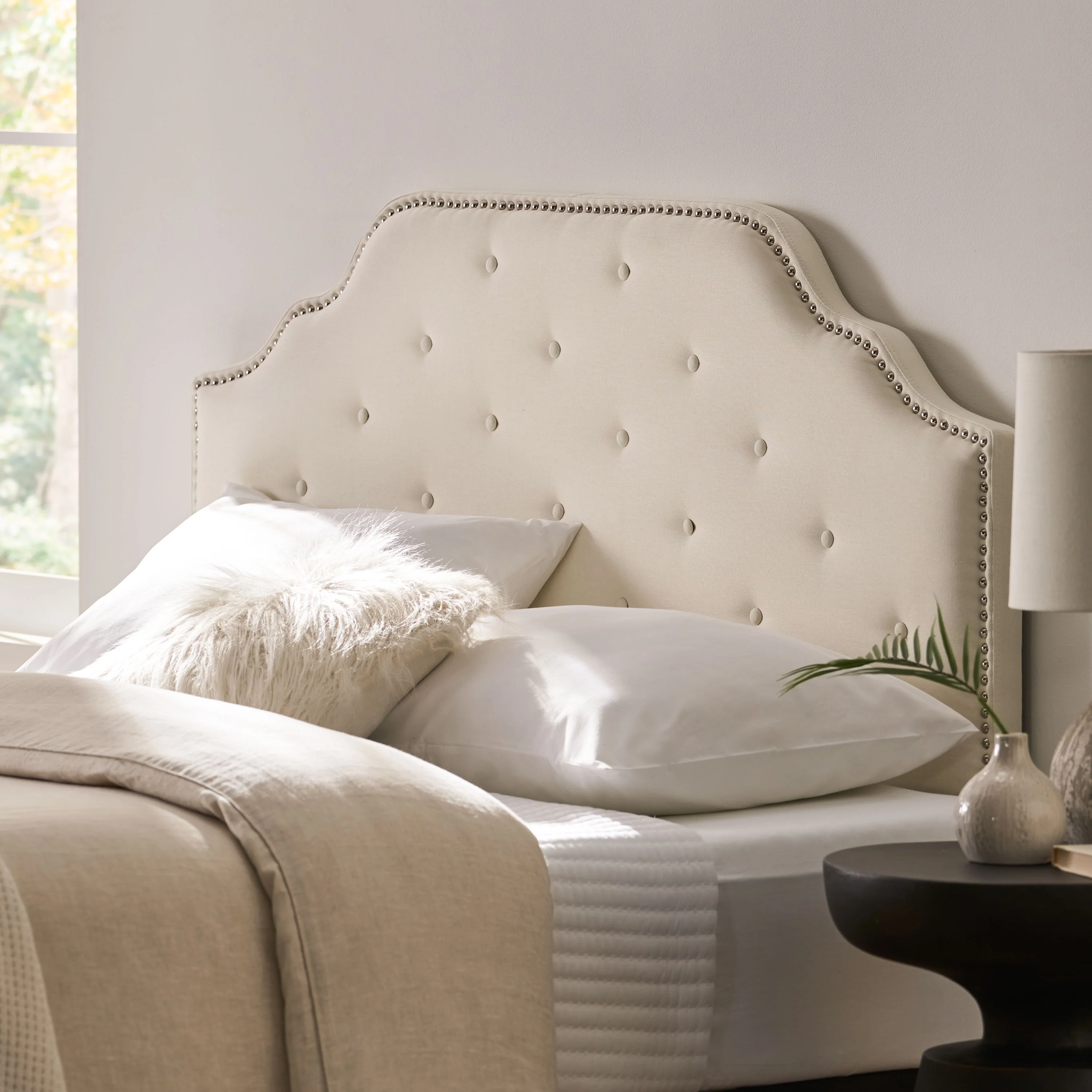 Soleil Studded Edge Ivory Fabric Queen/Full Headboard - furnishings