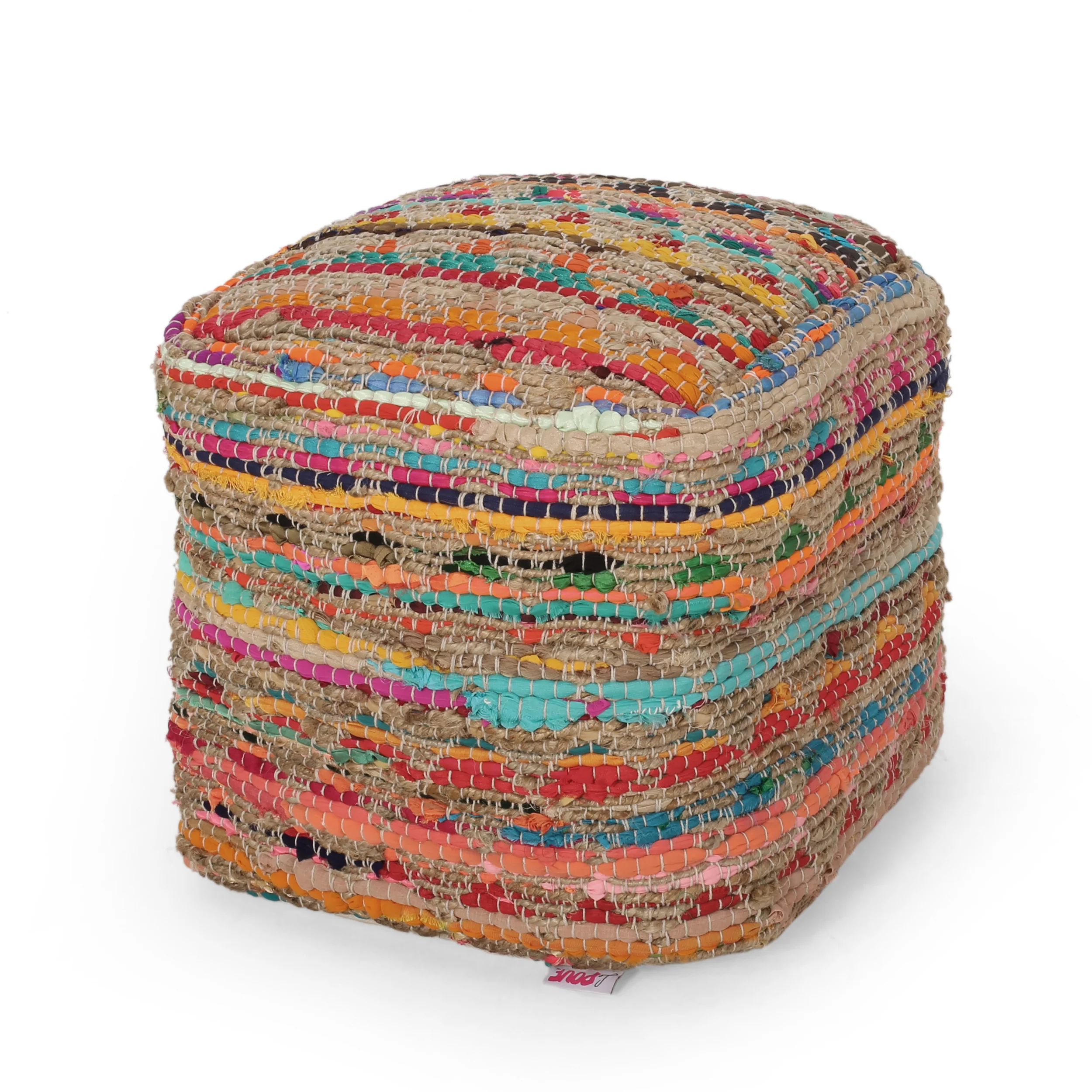 Kemp Handcrafted Boho Fabric Cube Pouf - furnishings