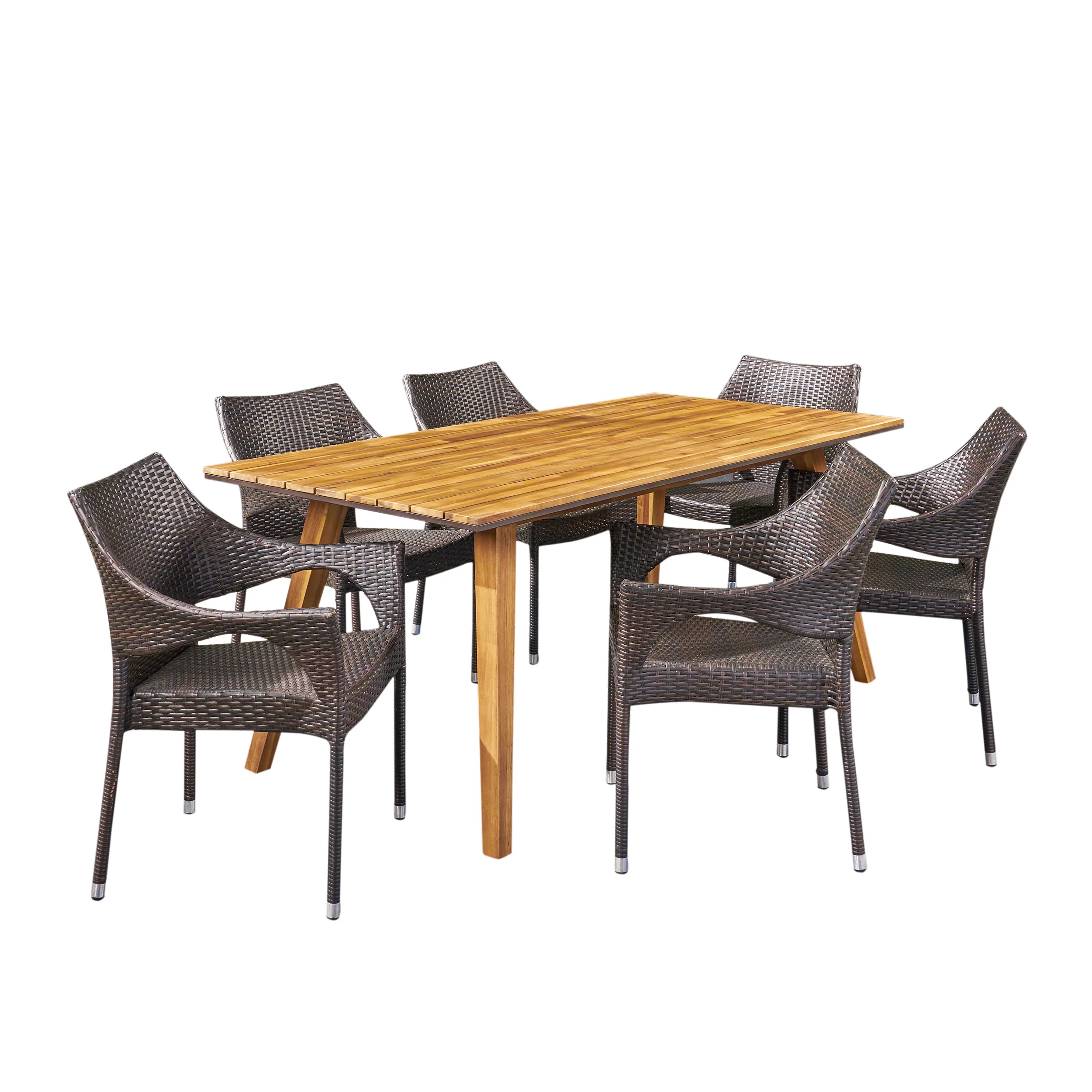 Doreen Outdoor 7 Piece Acacia Wood Dining Set with Stacking Wicker Chairs, Teak and Multi Brown - furnishings