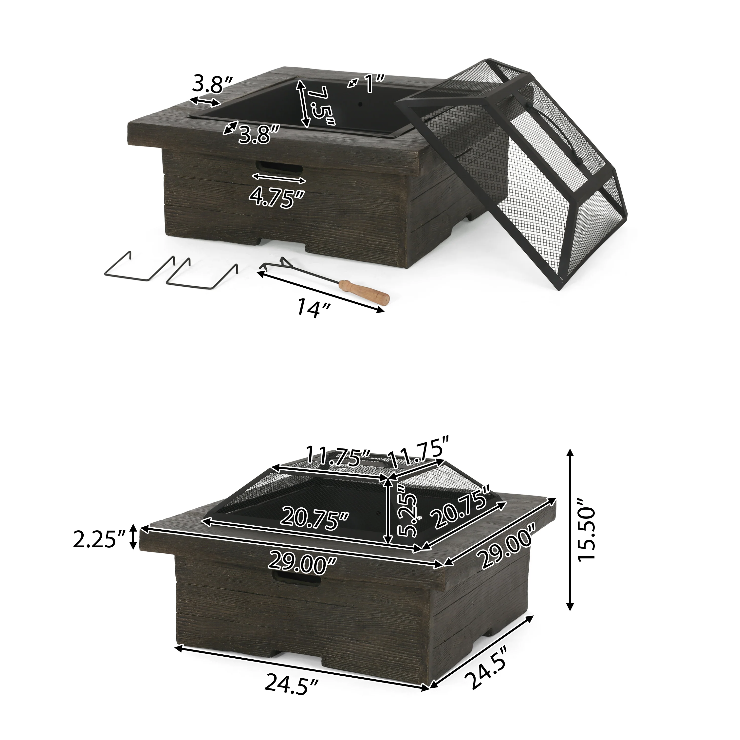 Bunce Outdoor Lightweight Concrete Wood Burning Square Fire Pit, Gray - furnishings