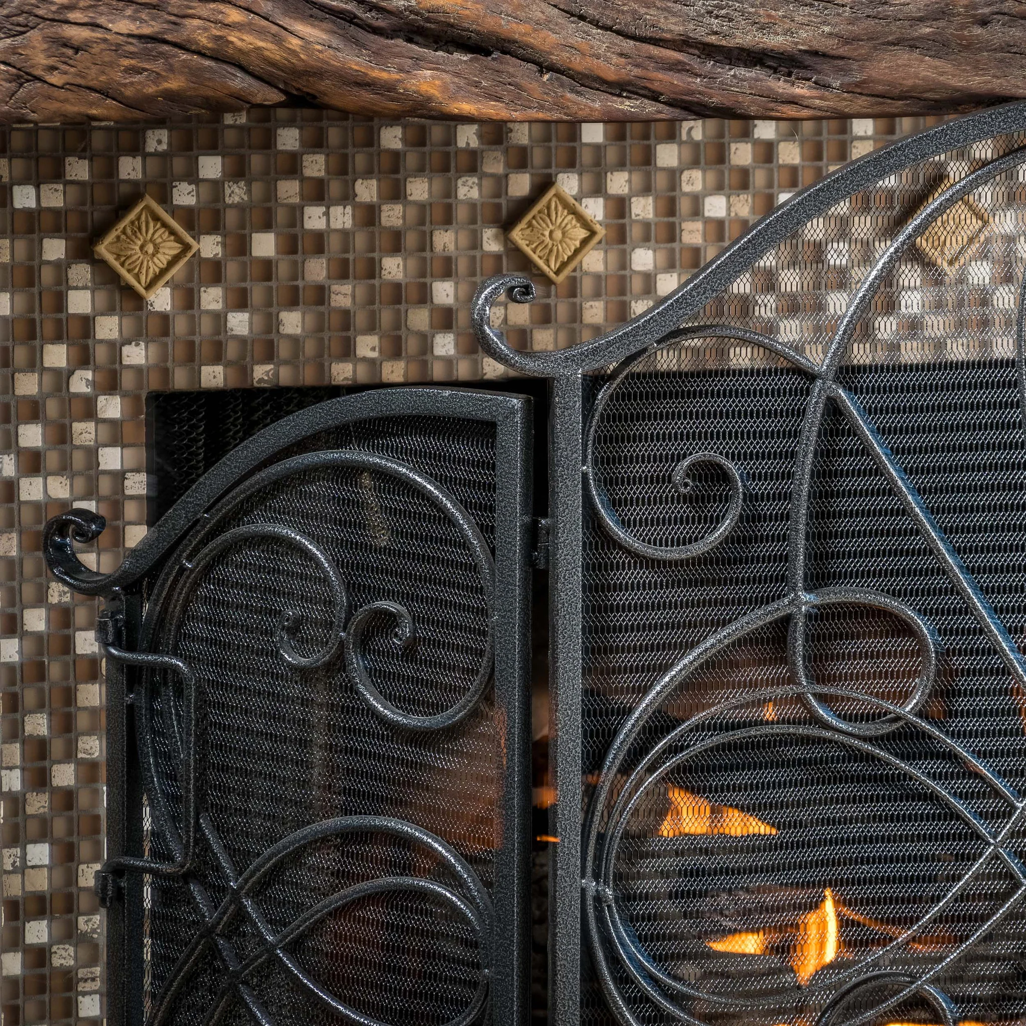 Rosalinda Black Silver Finish Floral Iron Fireplace Screen - furnishings
