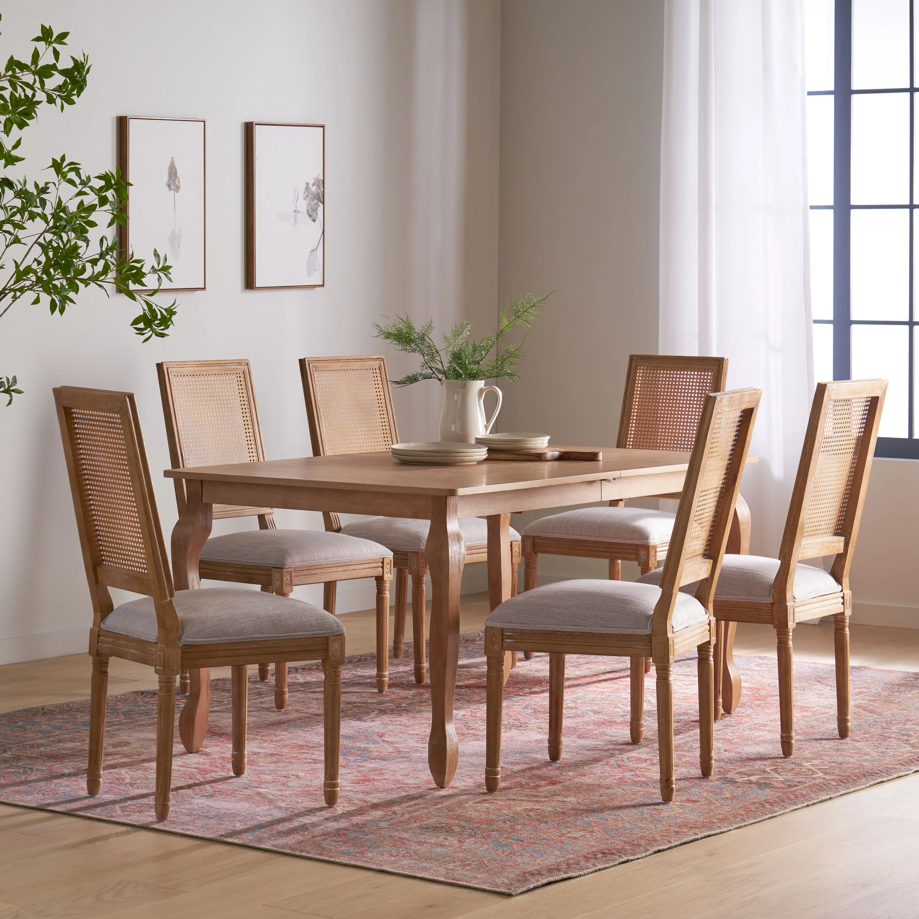 Fernleaf French Country Fabric Upholstered Wood and Cane Expandable 7 Piece Dining Set - furnishings