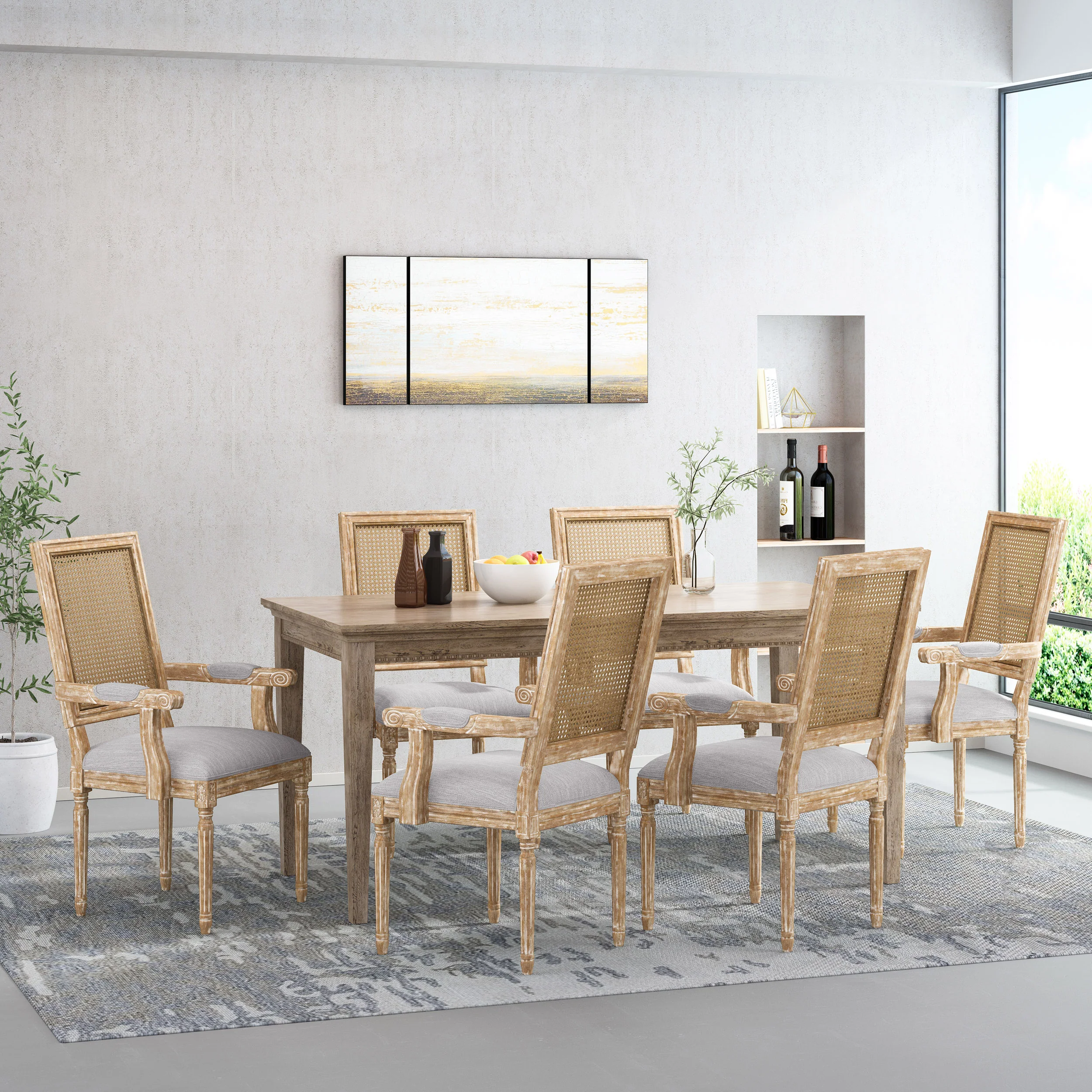 Zentner French Country Upholstered Wood and Cane Upholstered Dining Chairs, Set of 6 - furnishings