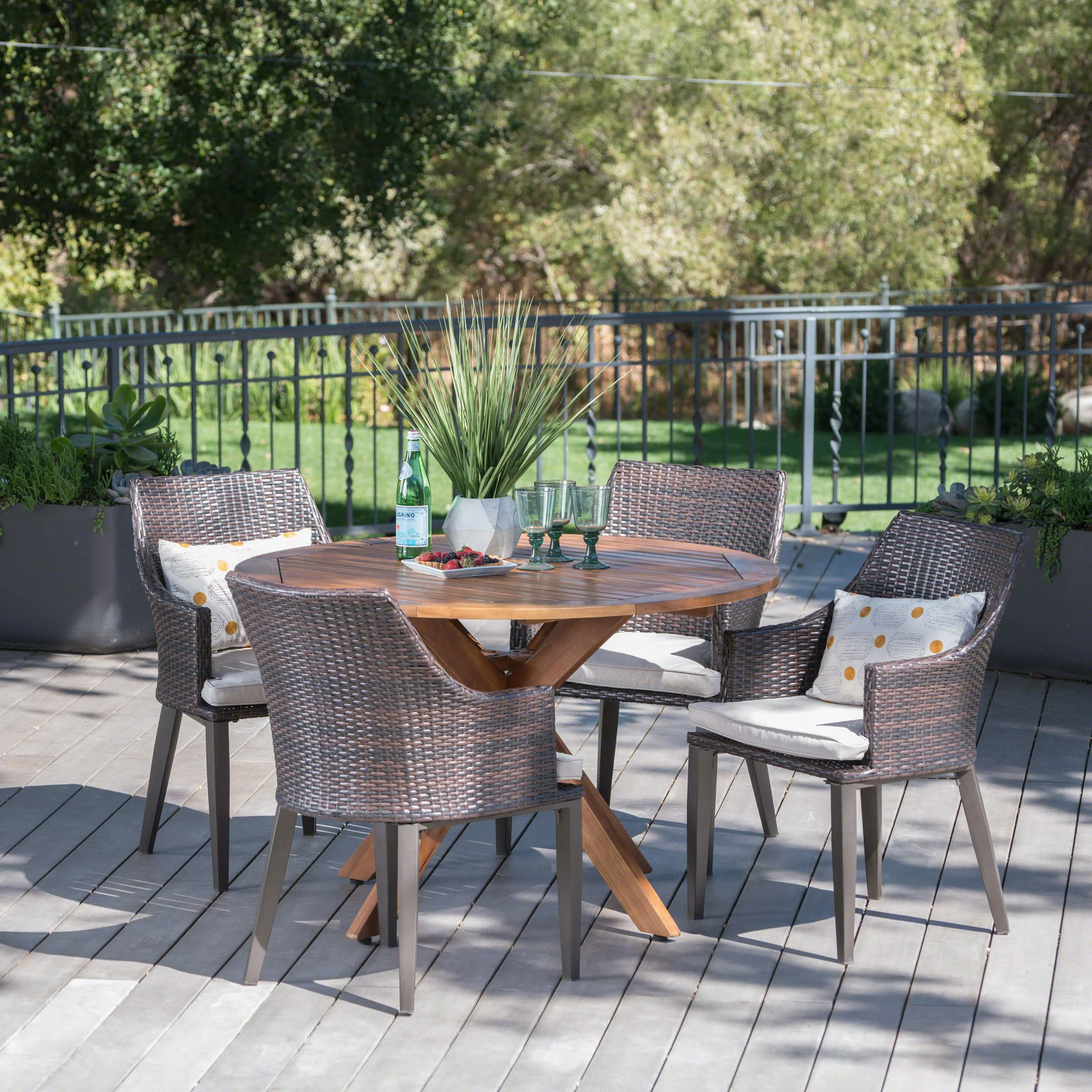 Ryanne Outdoor 5 Piece Multi-brown Wicker Round Dining Set - furnishings