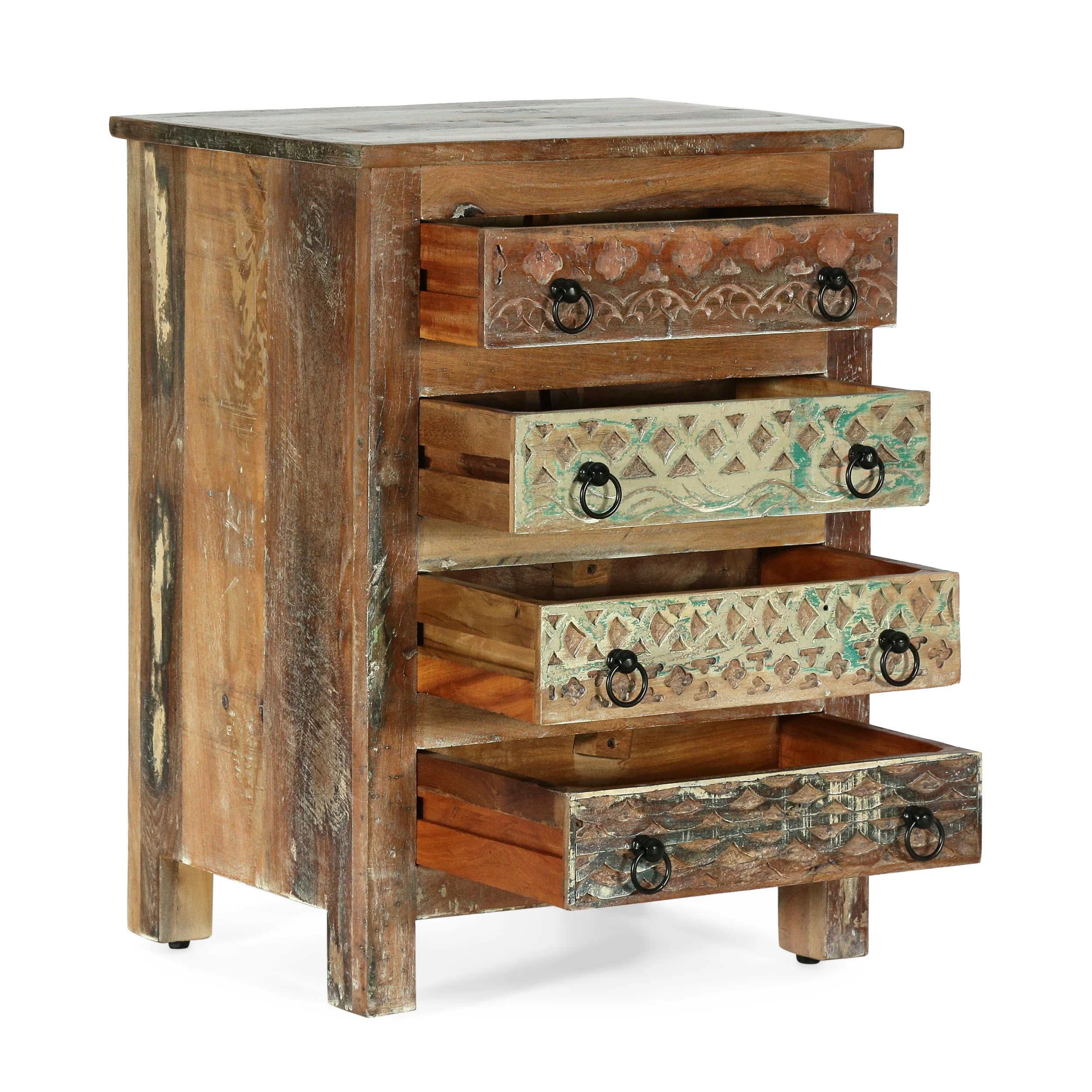 Nita Boho Handcrafted Wooden 4 Drawer Chest, Antique White - furnishings