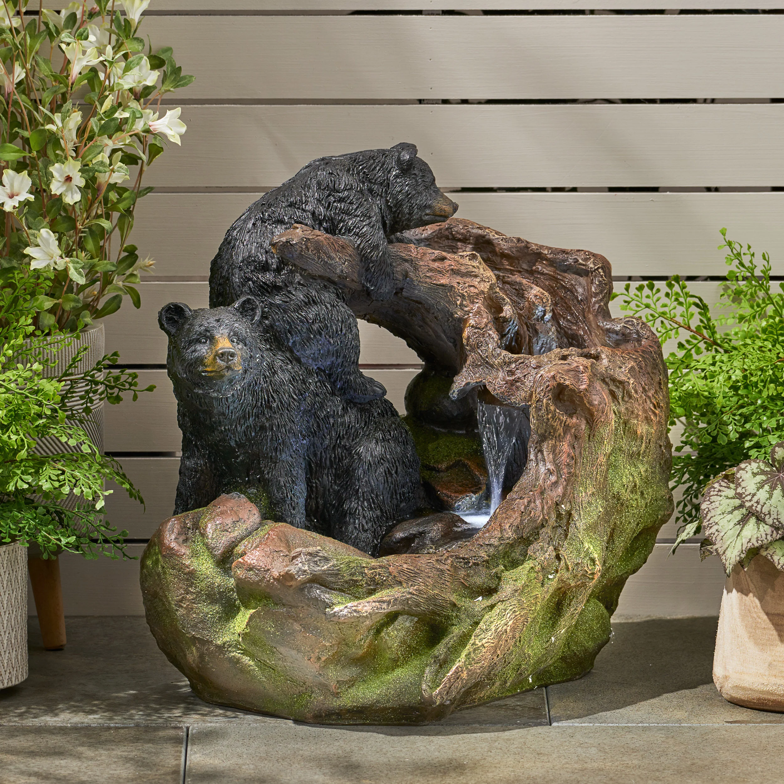 Bowery Datona Outdoor Bears on a Log Fountain - furnishings