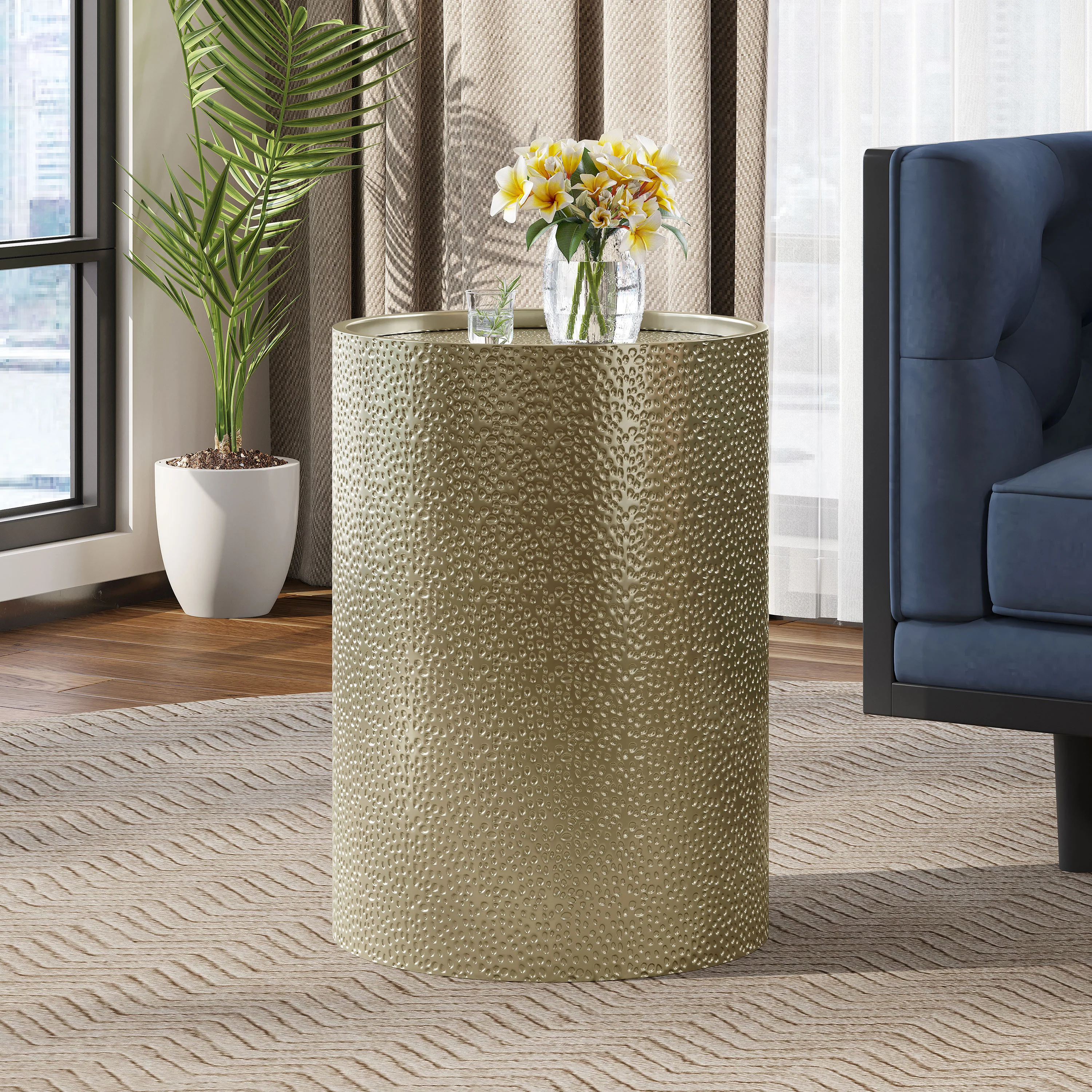 Rache Modern Round Accent Table with Hammered Iron - furnishings