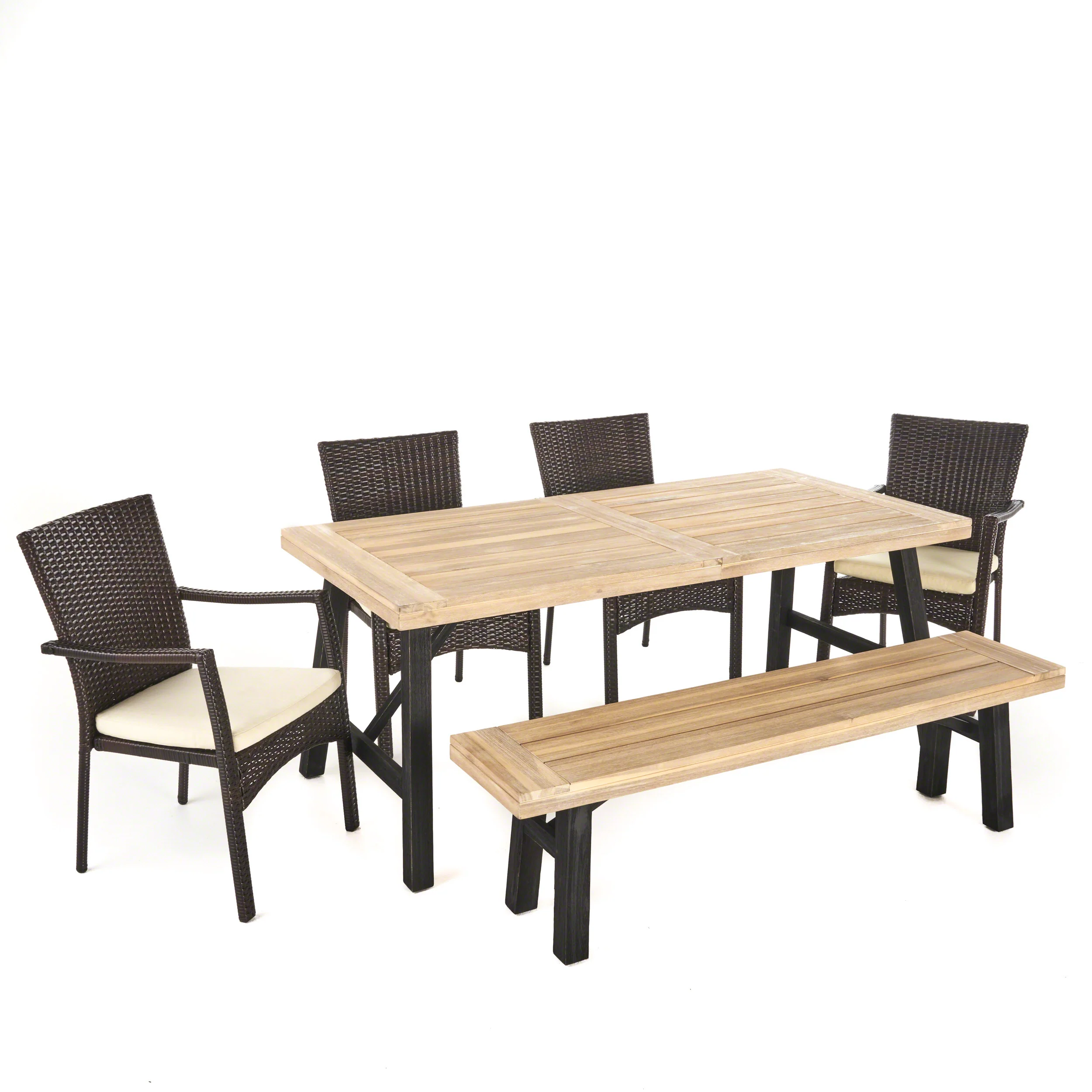 Hollister Outdoor 6 Piece Acacia Wood Dining Set with Wicker Dining Chairs - furnishings