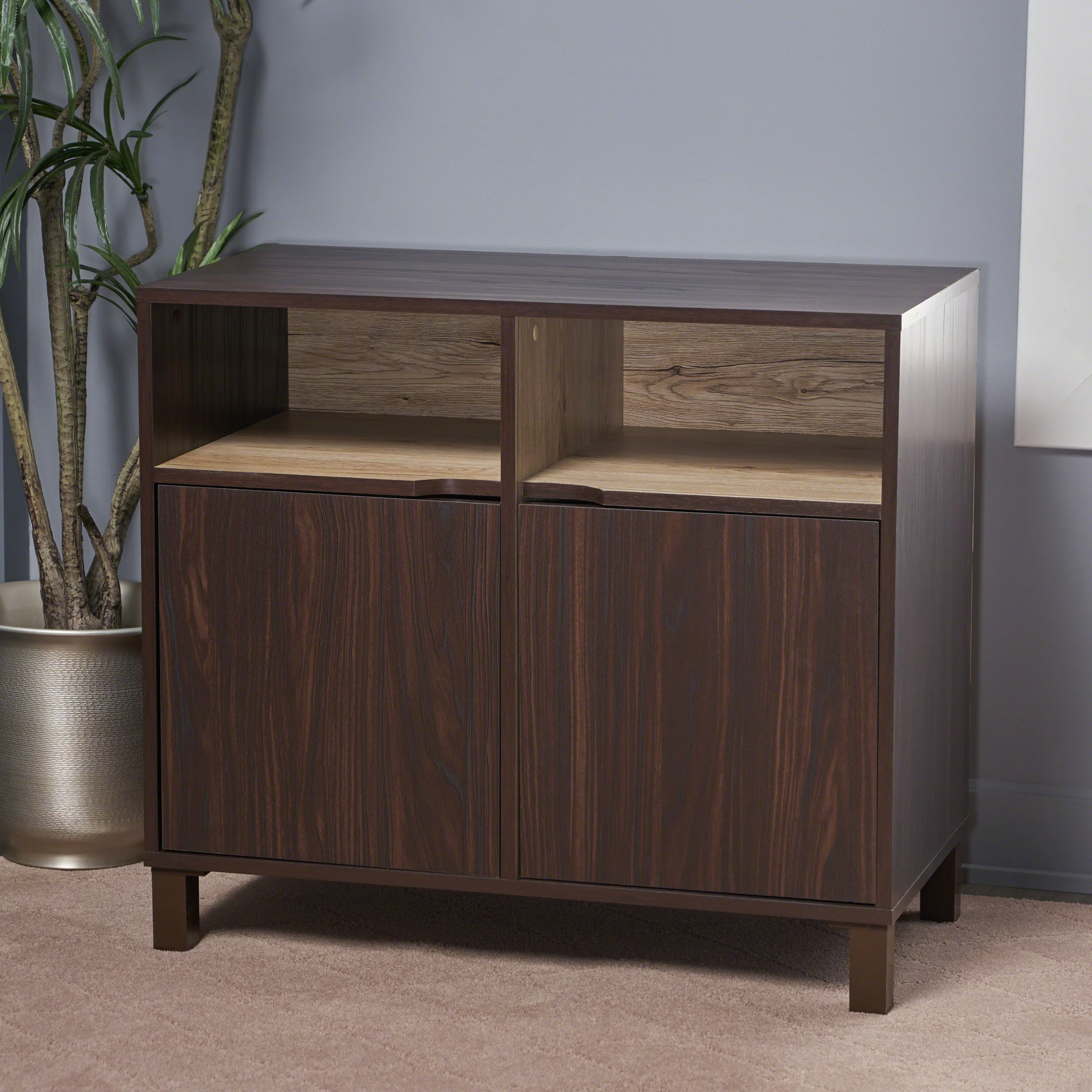 Provence 2-Shelf Walnut Finished Faux Wood Cabinet with Oak Interior - furnishings