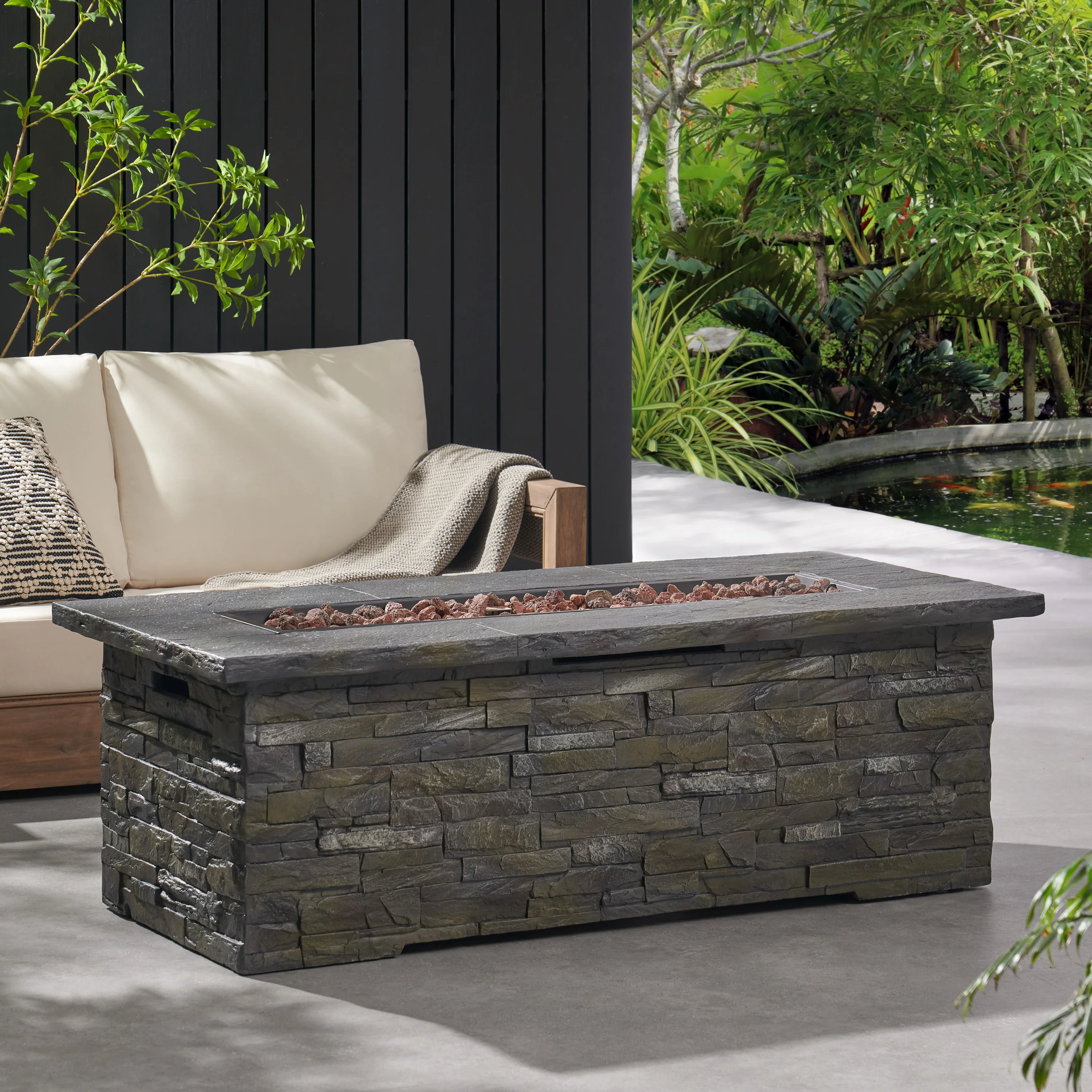 Dunnigan Outdoor 50,000 BTU Lightweight Concrete Rectangular Fire Pit (No Tank Holder), Natural Stone - furnishings