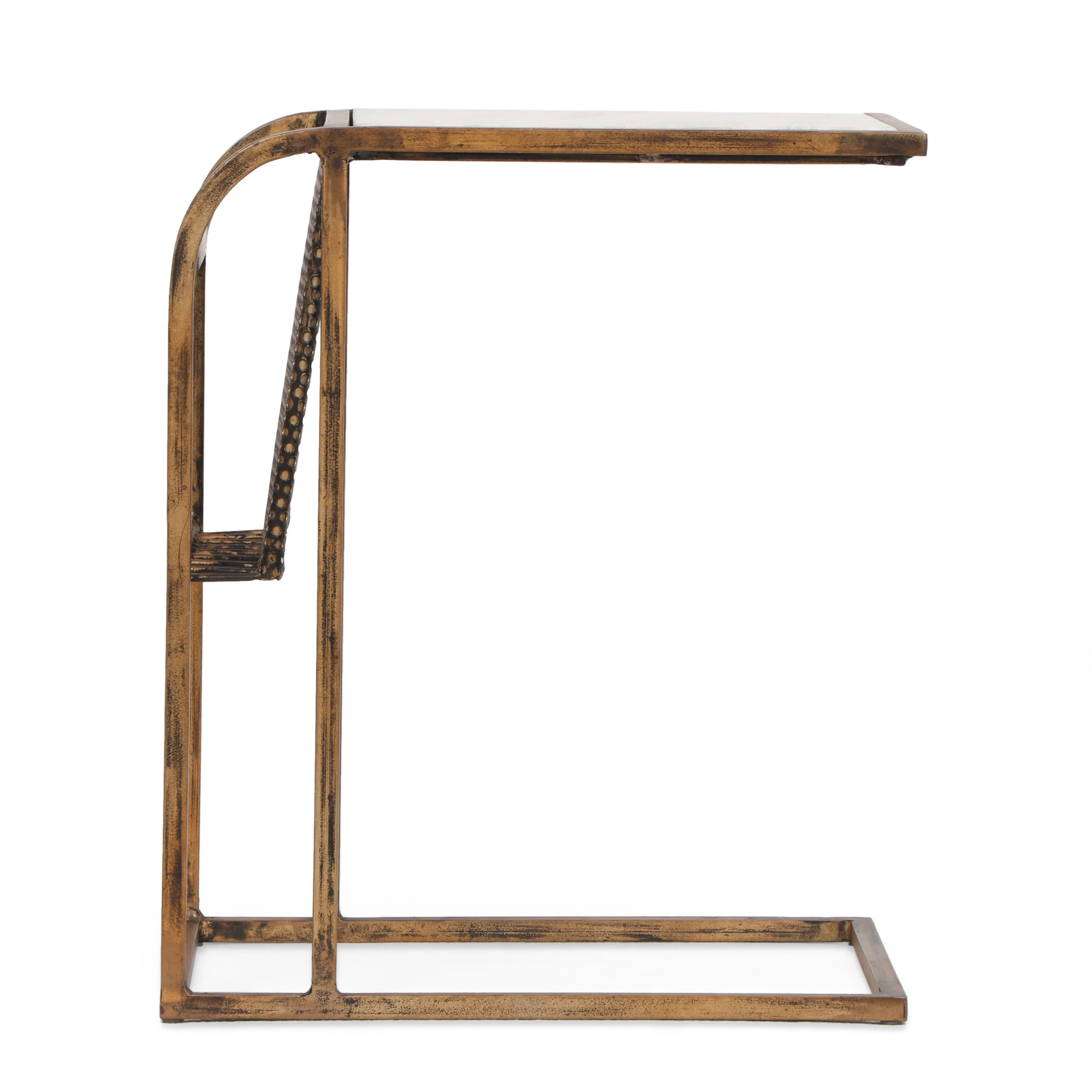 Billman Boho Glam Handcrafted Marble Top C-Shaped Side Table with Magazine Rack, Natural White and Antique Brass - furnishings
