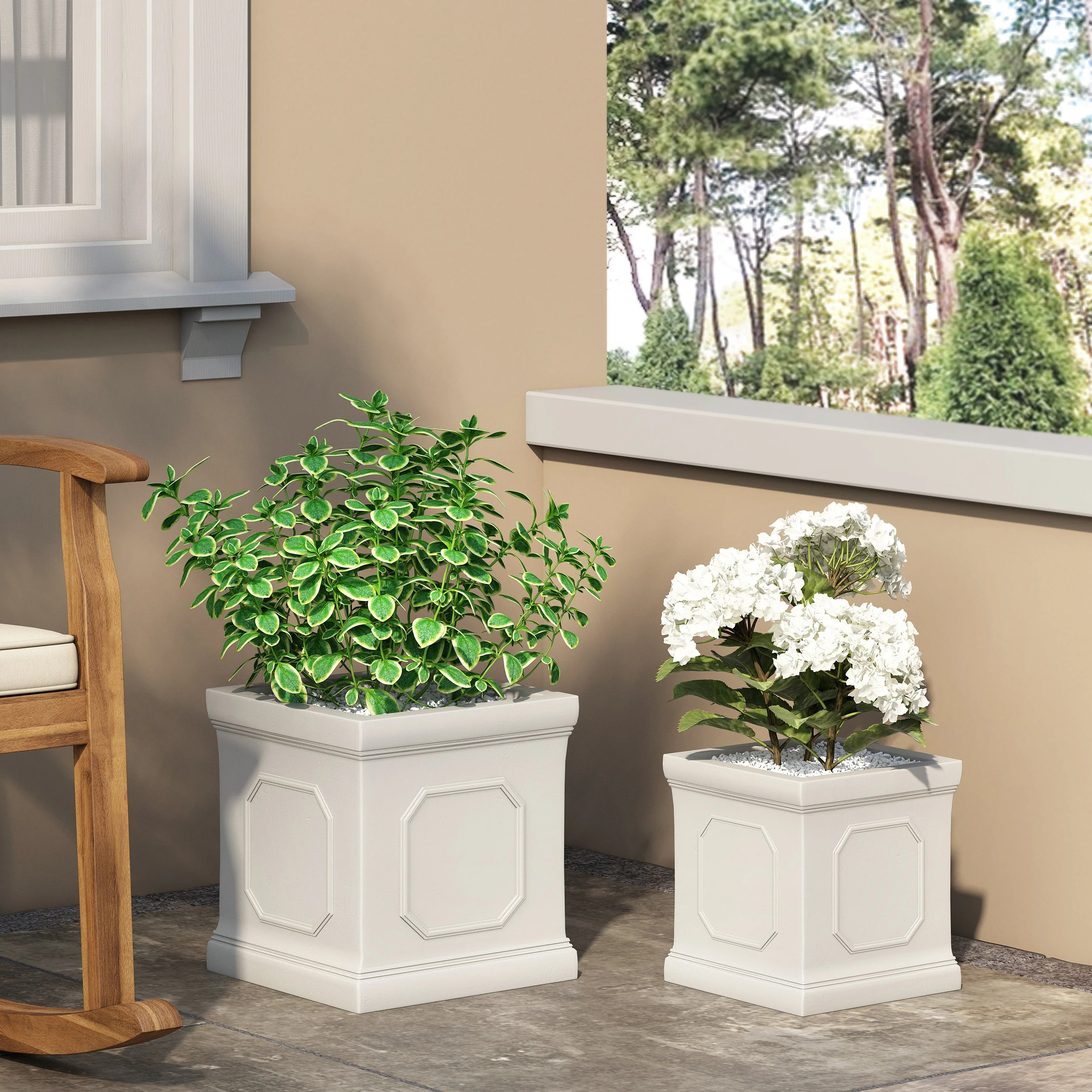 Greg Outdoor Small and Medium Cast Stone Planter Set, Antique White - furnishings