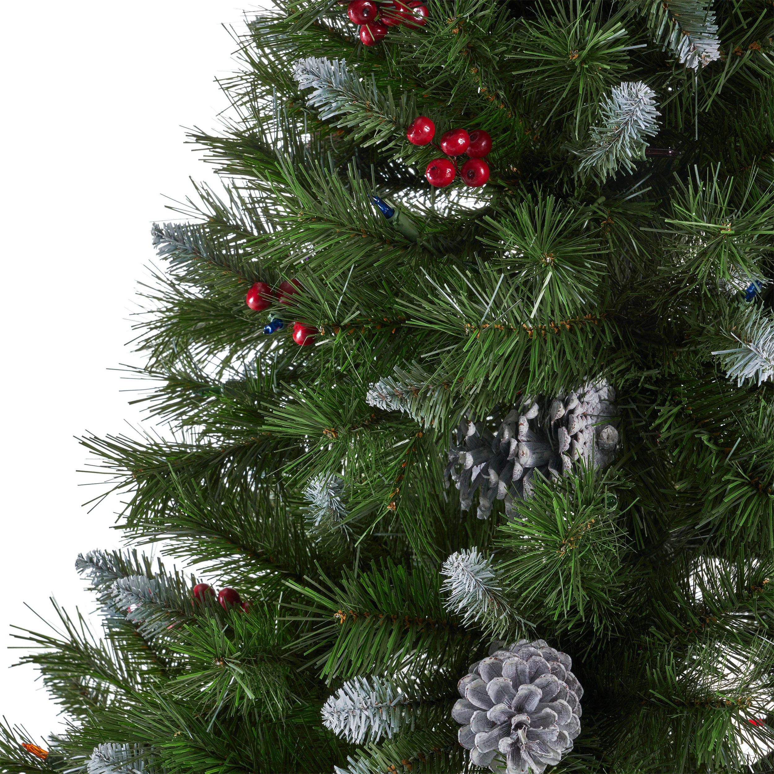 7-foot Mixed Spruce Hinged Artificial Christmas Tree with Frosted Branches, Red Berries, and Frosted Pinecones - furnishings