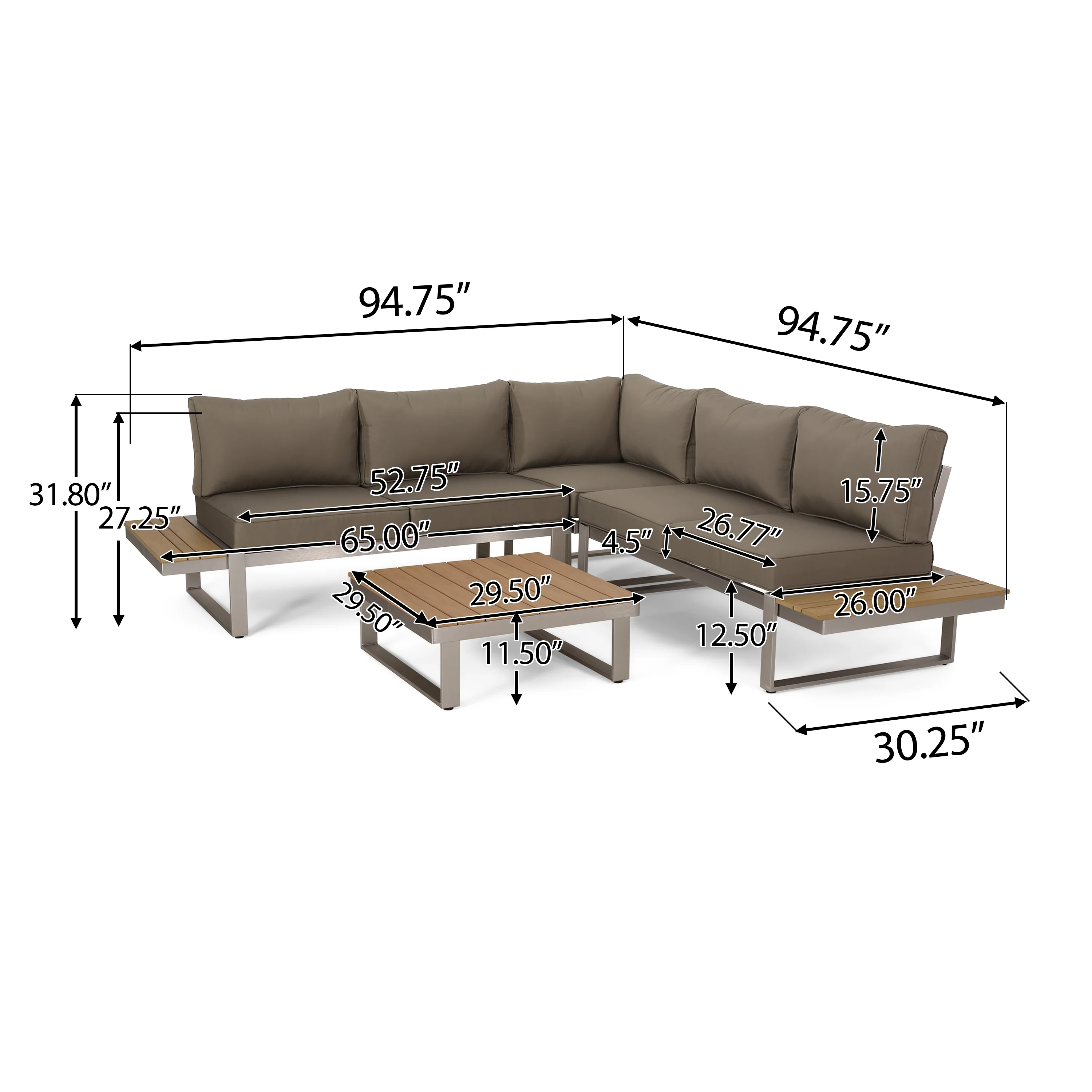 Johana Outdoor Aluminum V-Shaped 5 Seater Sofa Set with Cushions - furnishings