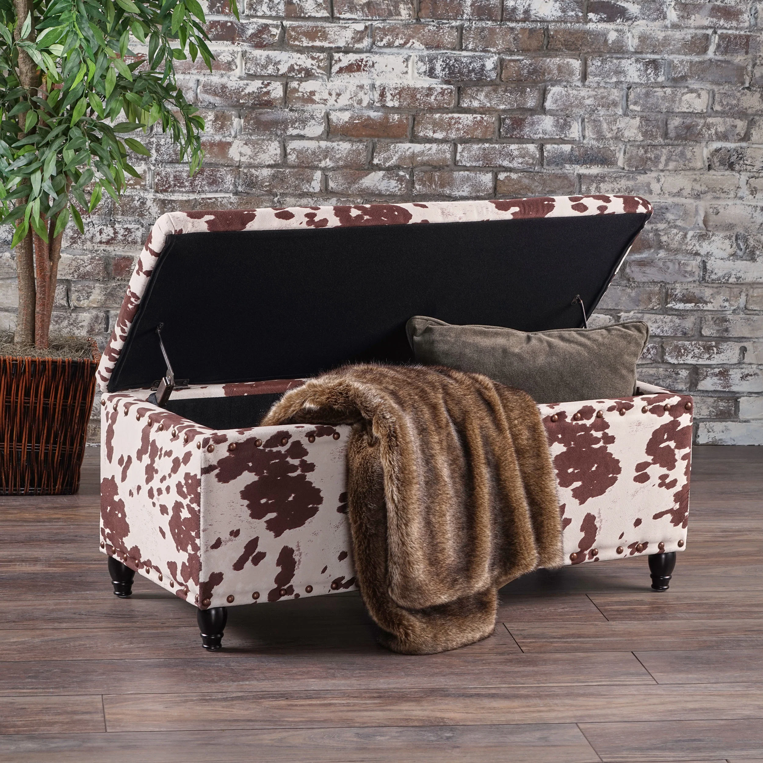 Tatiana Contemporary Velvet Storage Ottoman with Nailhead Trim, Milk Cow Pattern and Dark Brown - furnishings