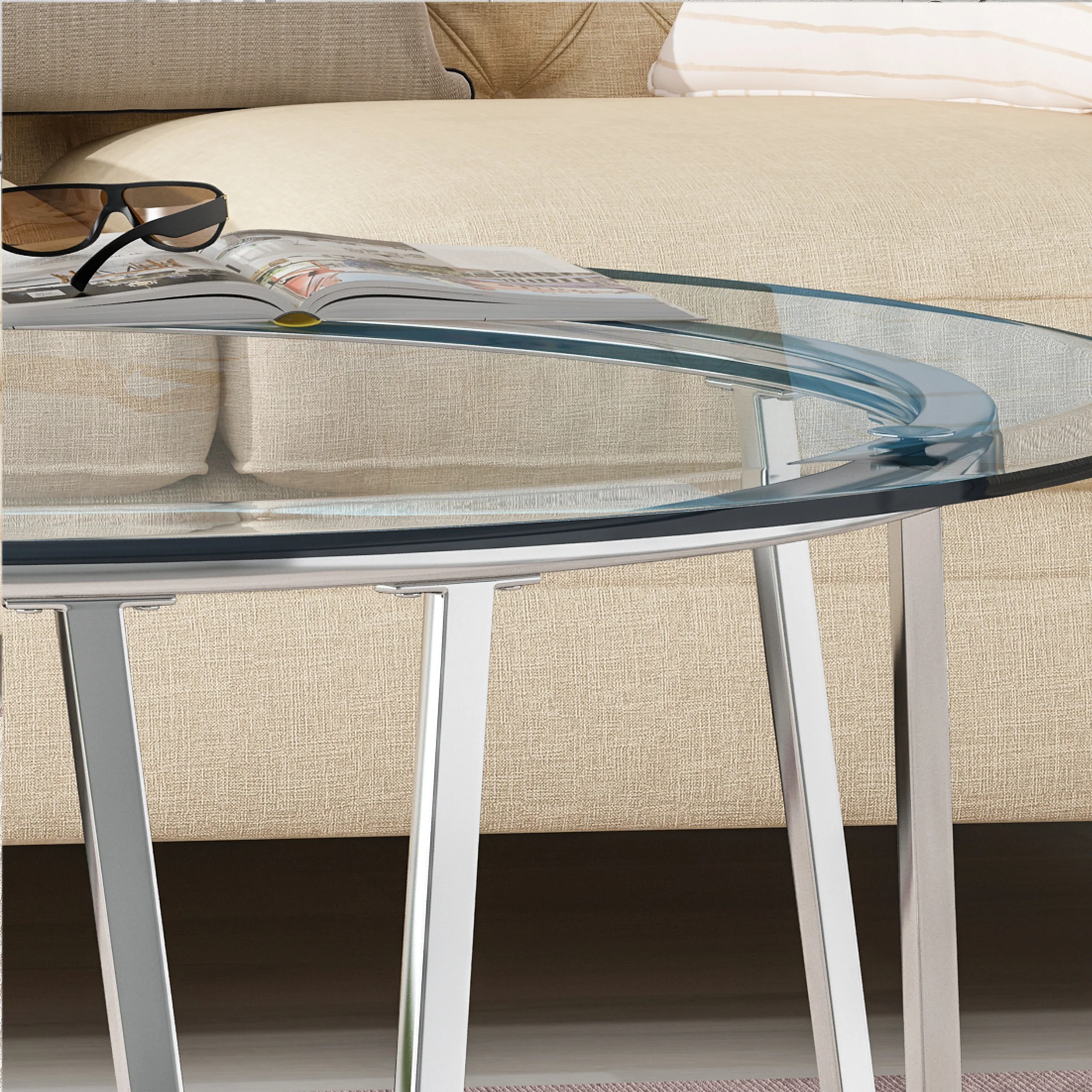 Tylenn Modern Iron Coffee Table with Round Tempered Glass Top, Silver - furnishings