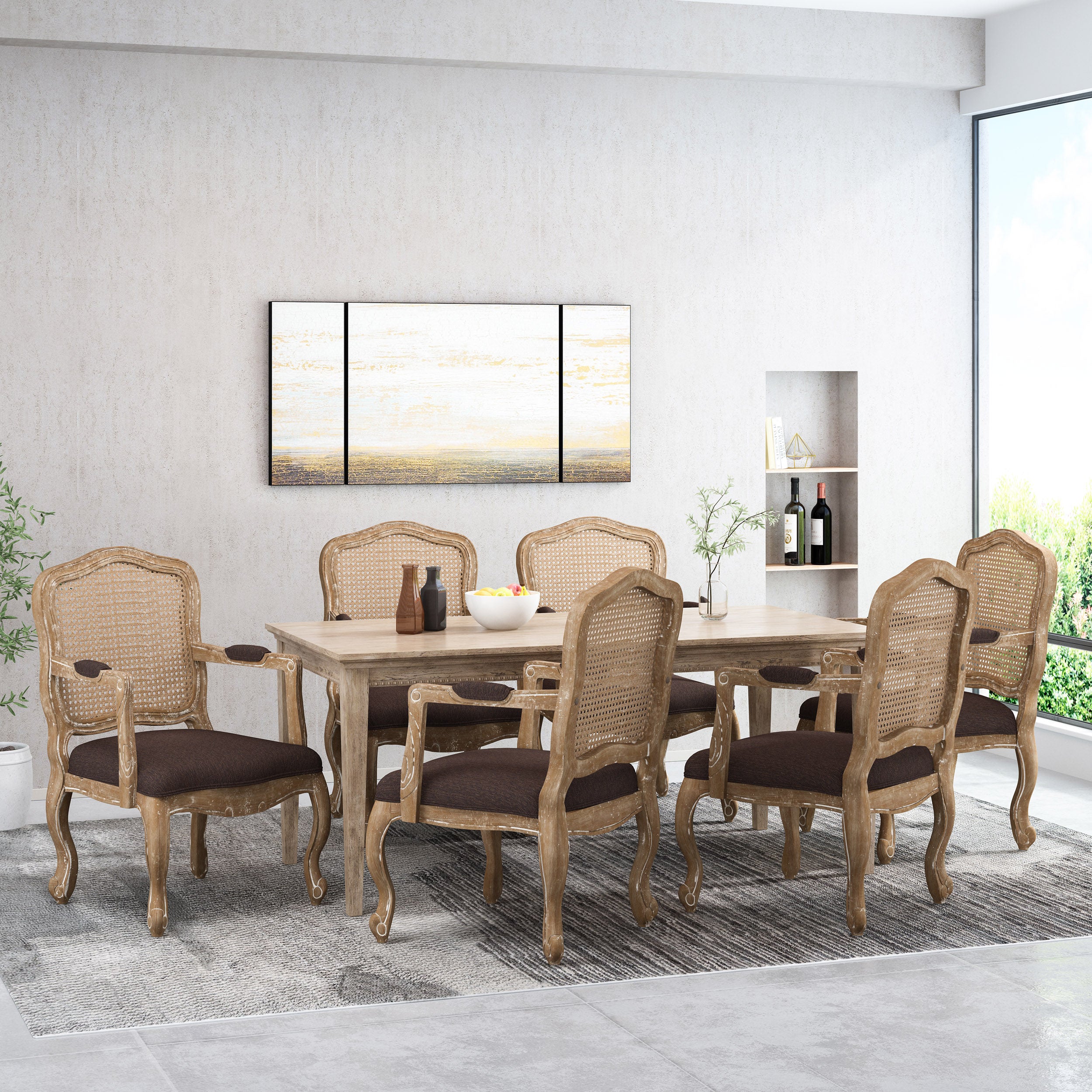 Biorn French Country Wood and Cane Upholstered Dining Armchair - furnishings
