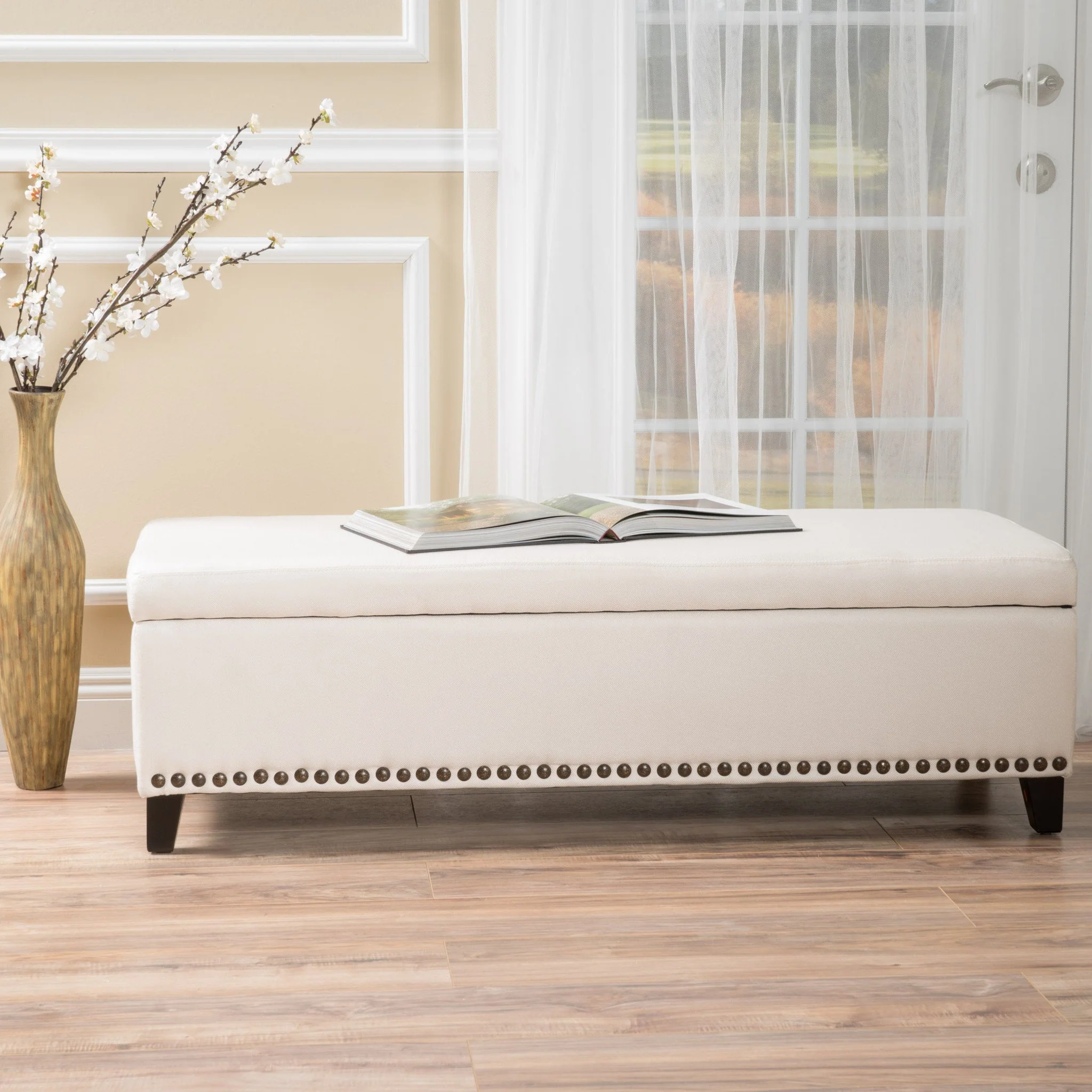 Labella Contemporary Fabric Upholstered Storage Ottoman with Nailhead Trim - furnishings