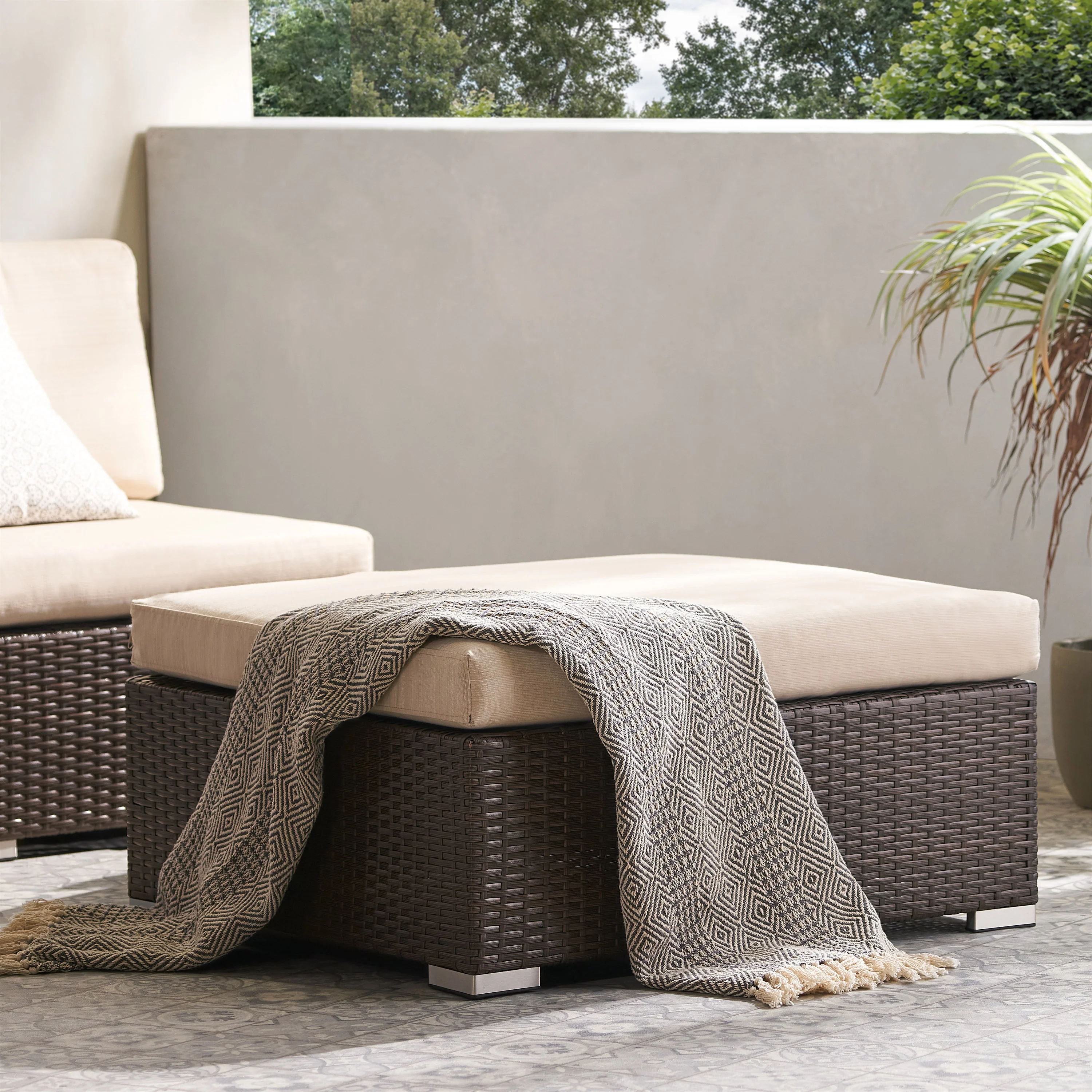 Avianna Outdoor Wicker Ottoman with Cushion - furnishings