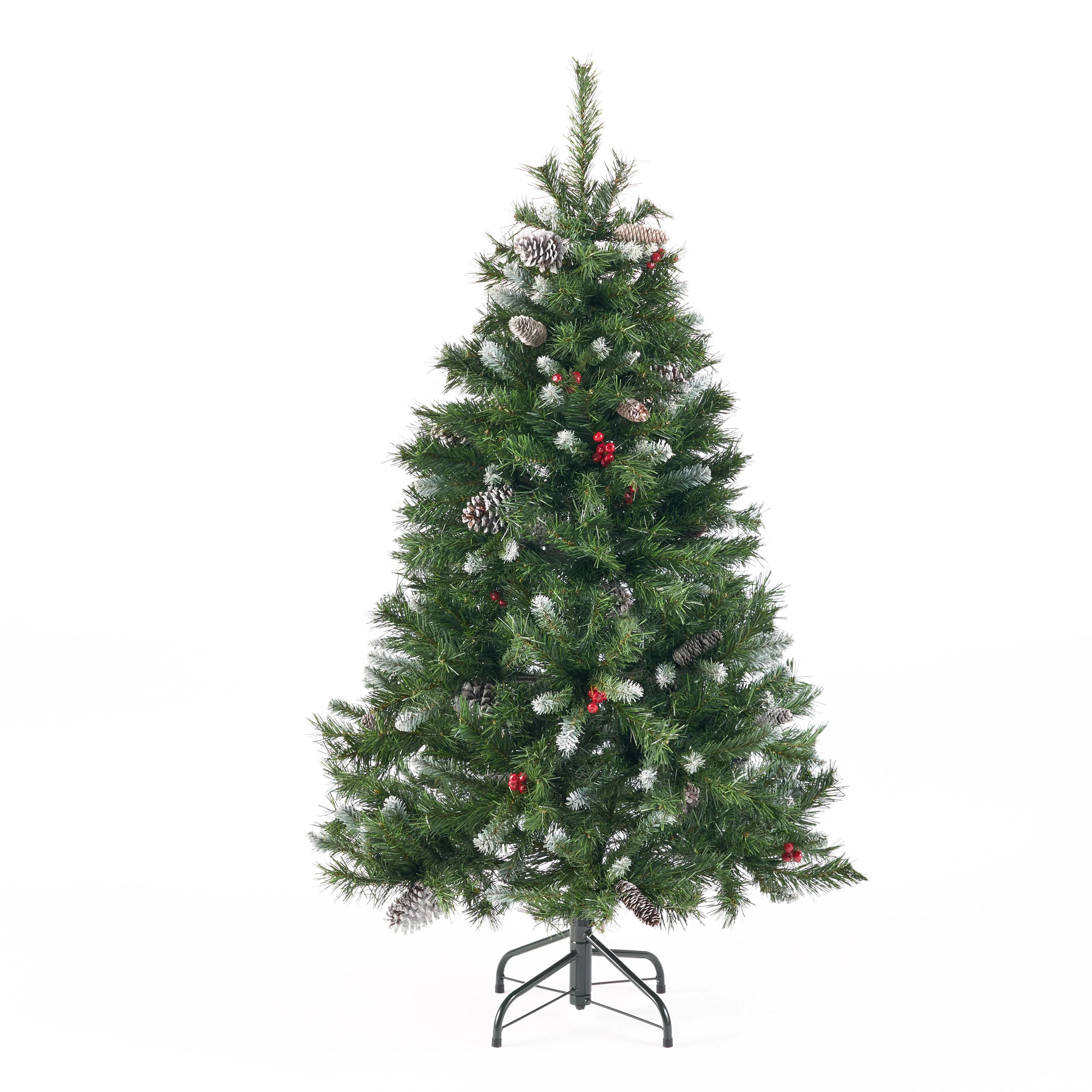 4.5-foot Mixed Spruce Hinged Artificial Christmas Tree with Frosted Branches, Red Berries, and Frosted Pinecones - furnbro