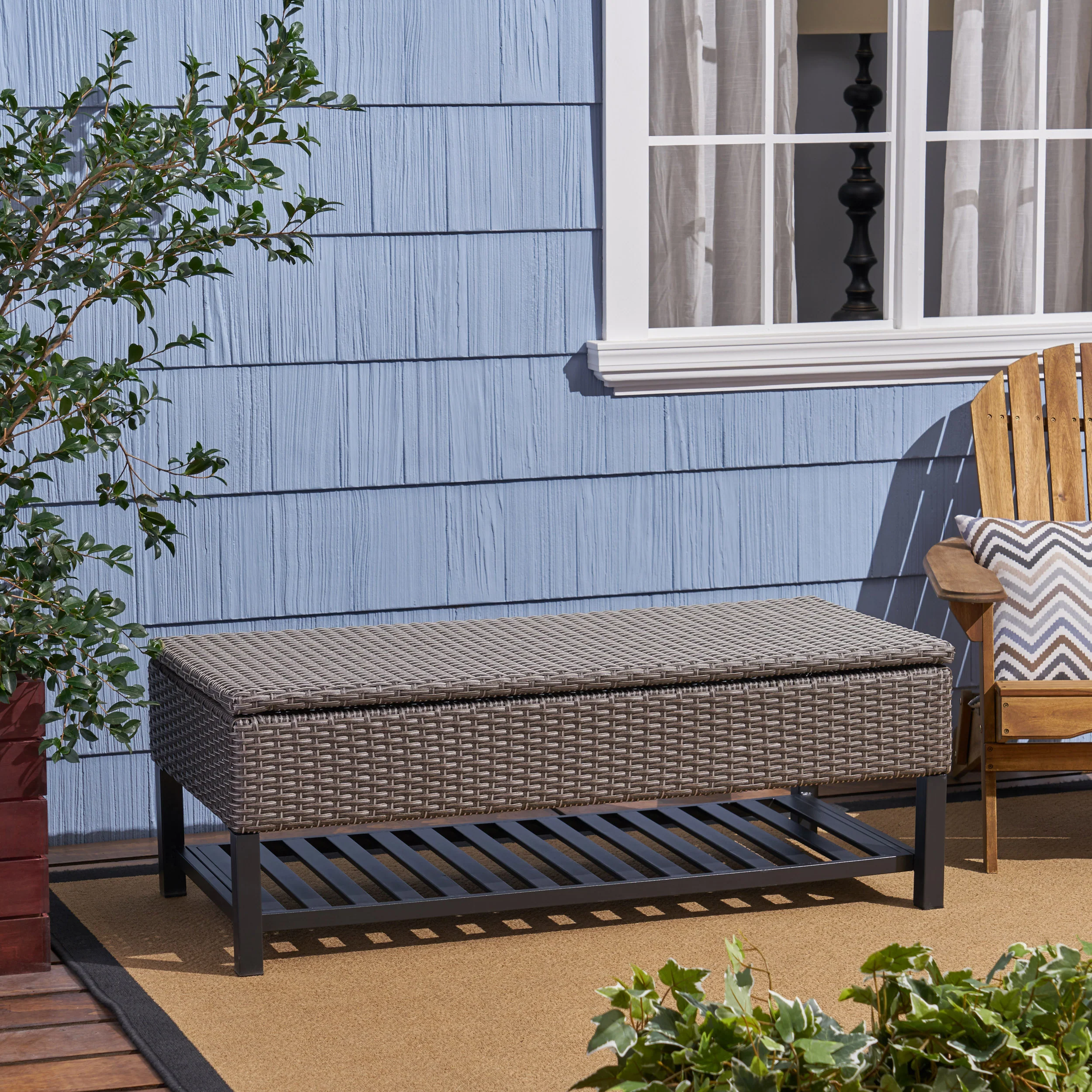 Martina Storage Bench with Rack, Wicker with Iron Frame - furnishings