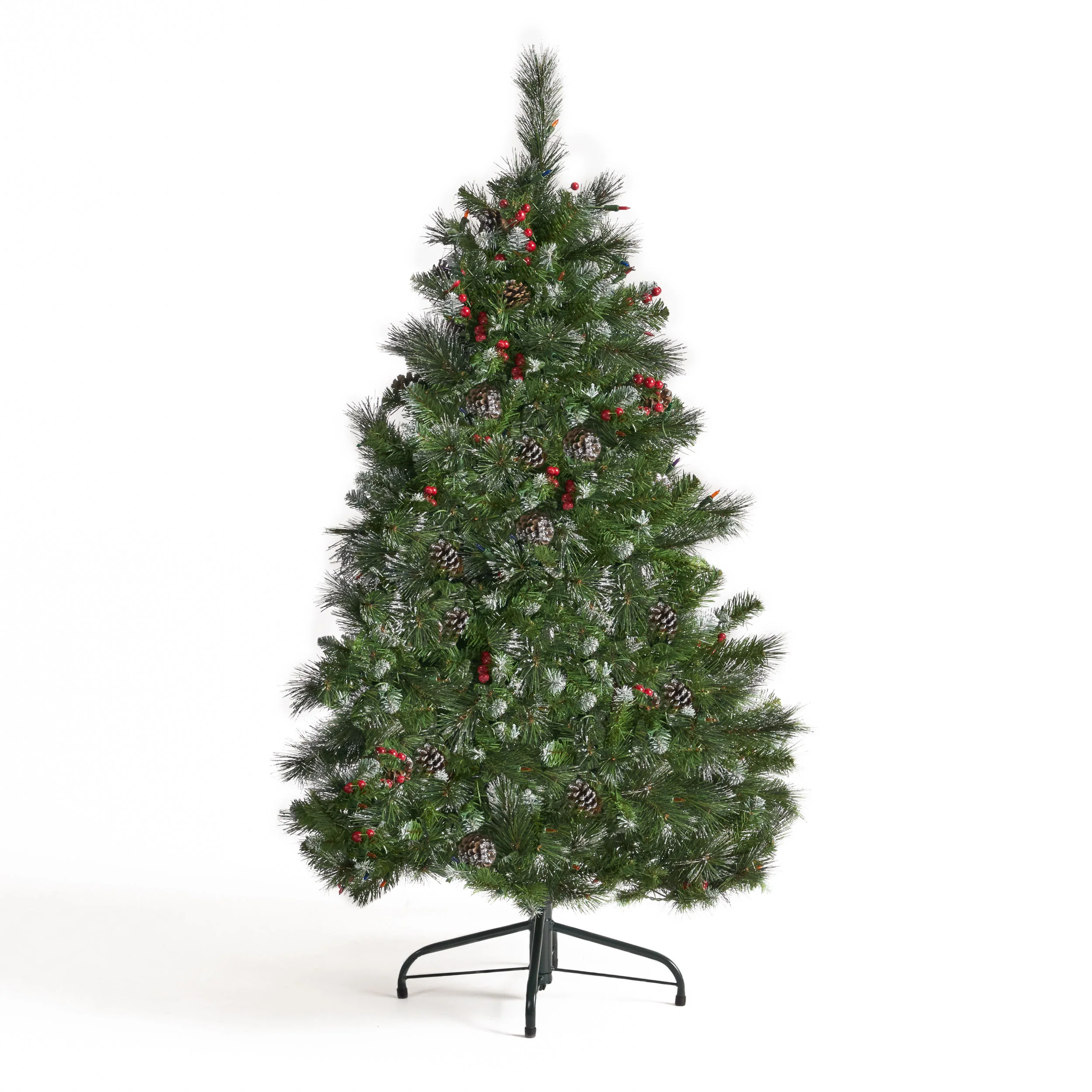 4.5-foot Mixed Spruce Hinged Artificial Christmas Tree with Glitter Branches, Red Berries, and Pinecones - furnbro