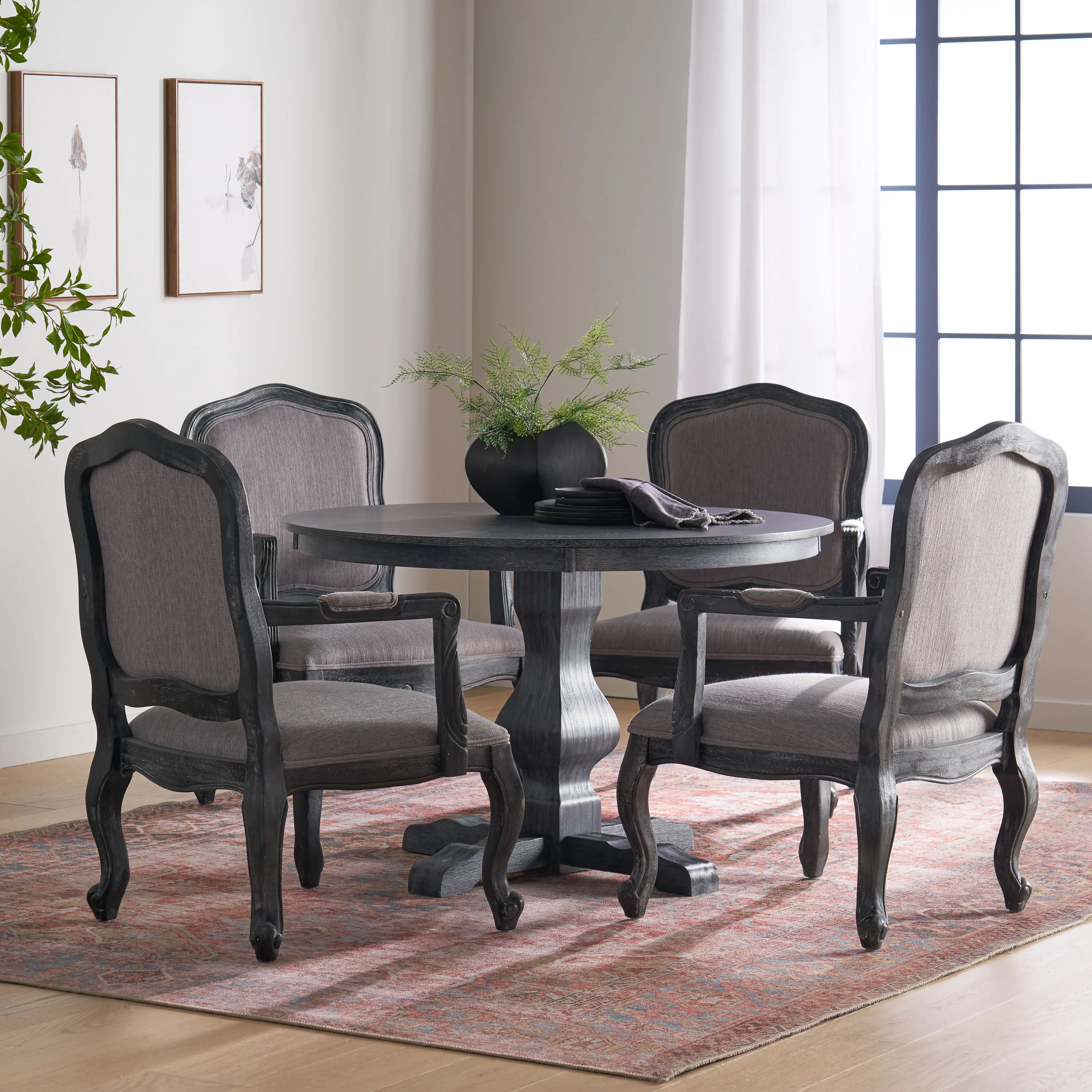 Absaroka French Country Fabric Upholstered Wood 5 Piece Circular Dining Set - furnishings