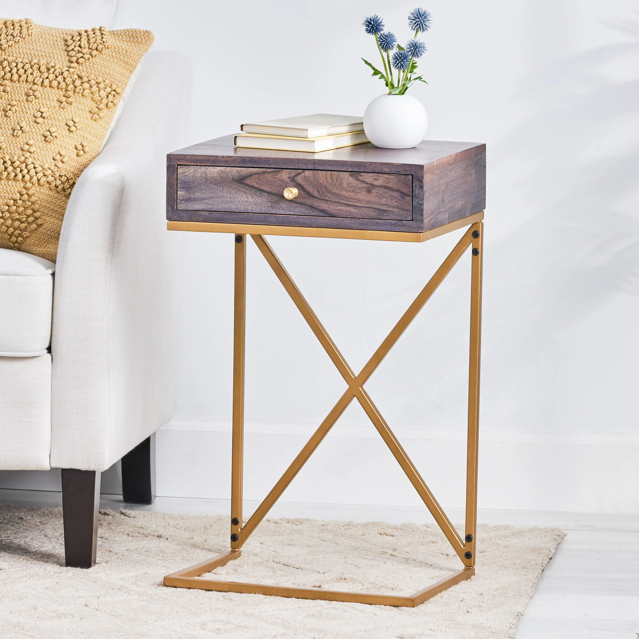 Darke Rustic Glam Handcrafted Acacia Wood C-Shaped Side Table, Dark Brown and Gold - furnishings