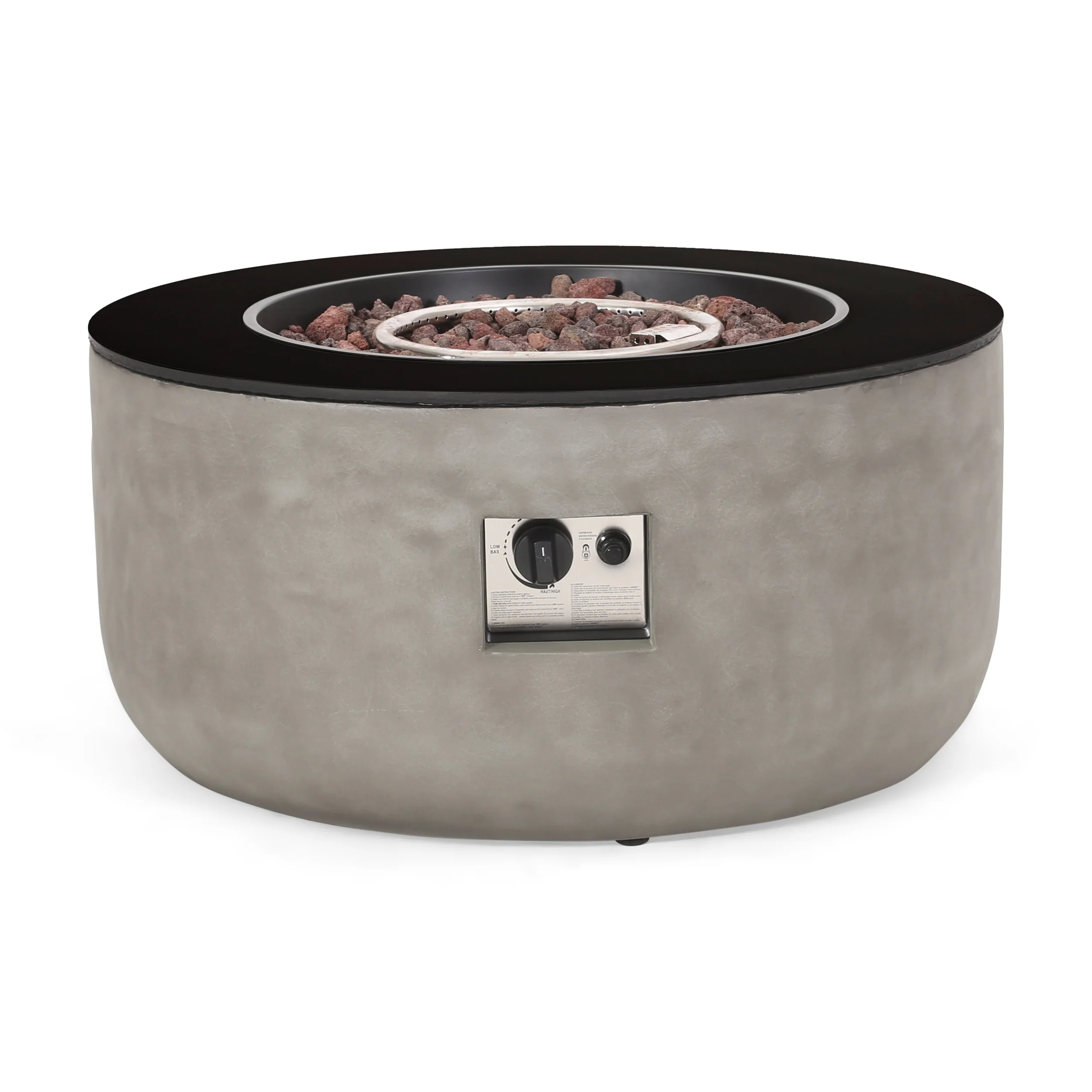 Riga Outdoor 50,000 BTU Lightweight Concrete and Ceramic Circular Fire Pit (No Tank Holder), Light Gray and Black - furnishings