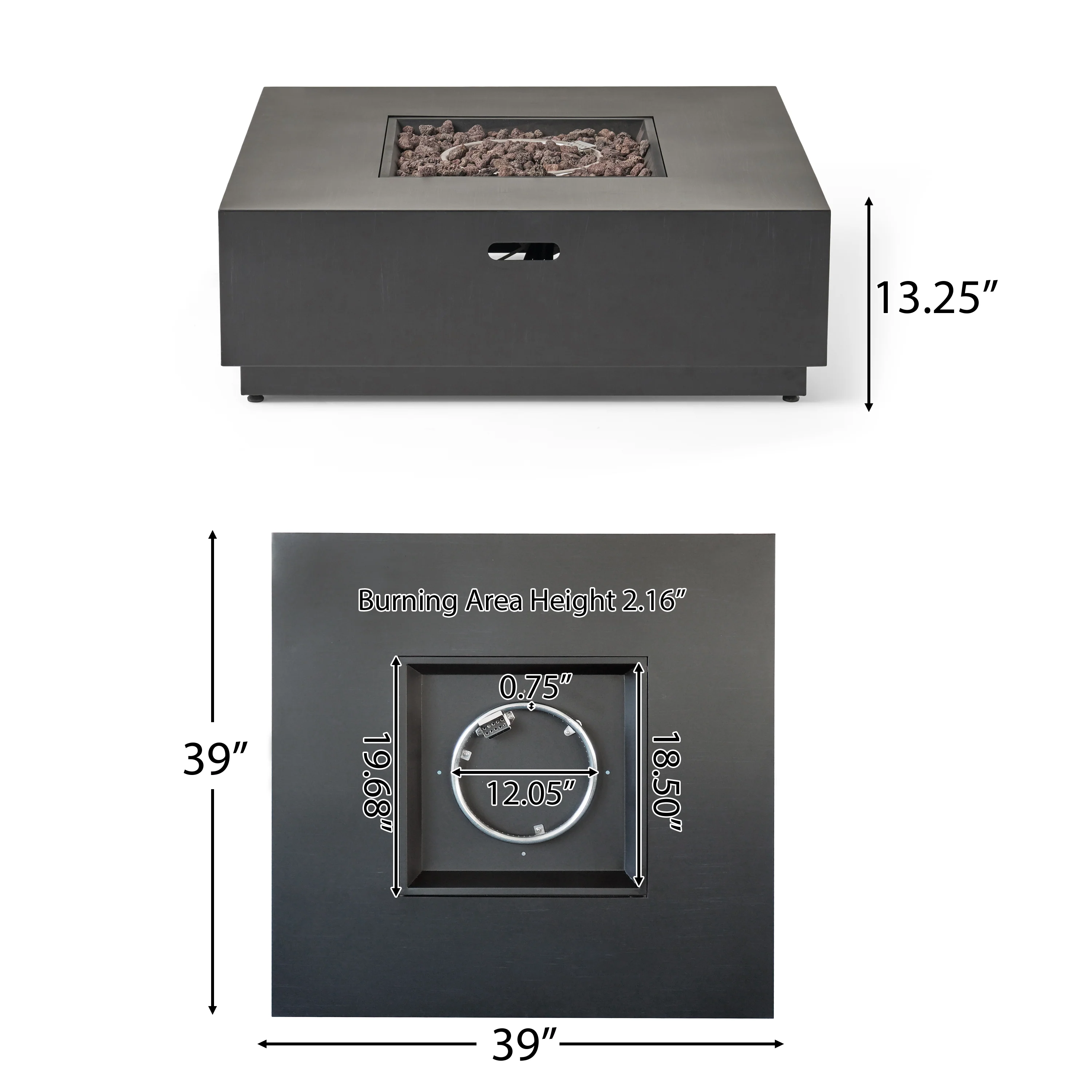 Jasmine Outdoor Dark Gray Finish Iron 40 Inch Square Fire Pit - 50,000 BTU - furnishings