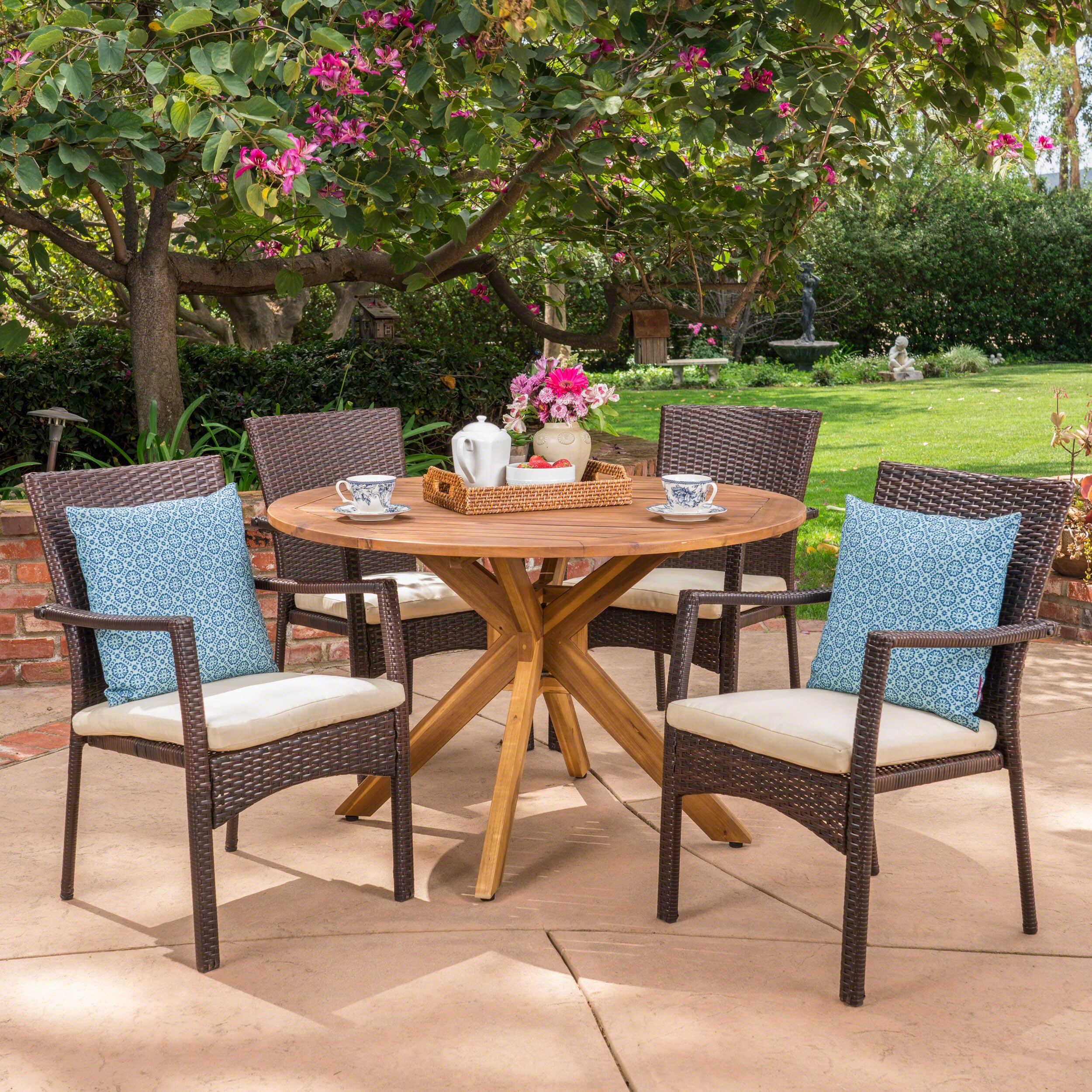 Joshua Outdoor 5 Piece Brown Wicker Dining Set with Teak Finish Acacia Wood Circular Table and Cr?§?§me Water Resistant Cushions - furnishings