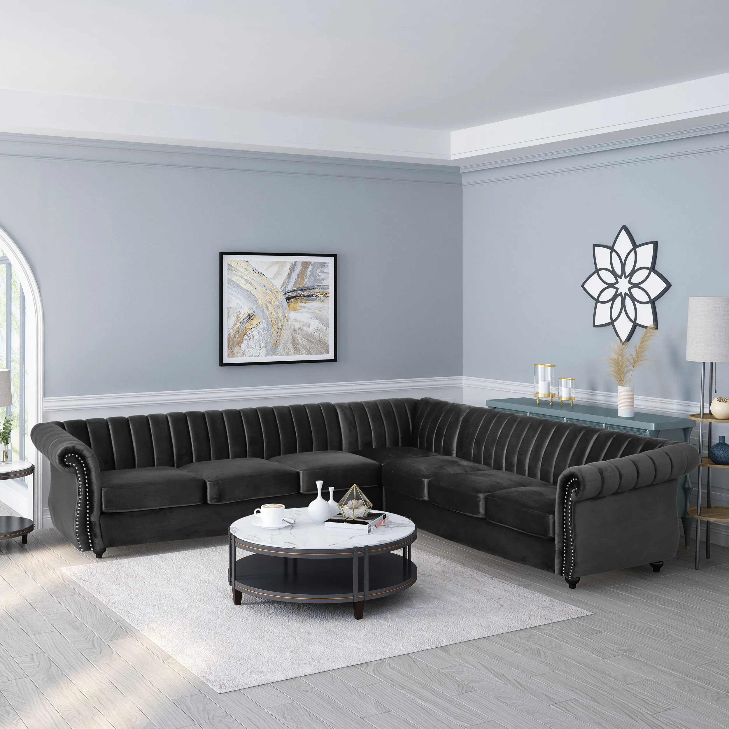 Jenera Modern Glam Velvet Channel Stitch Sectional Sofa Set - furnishings