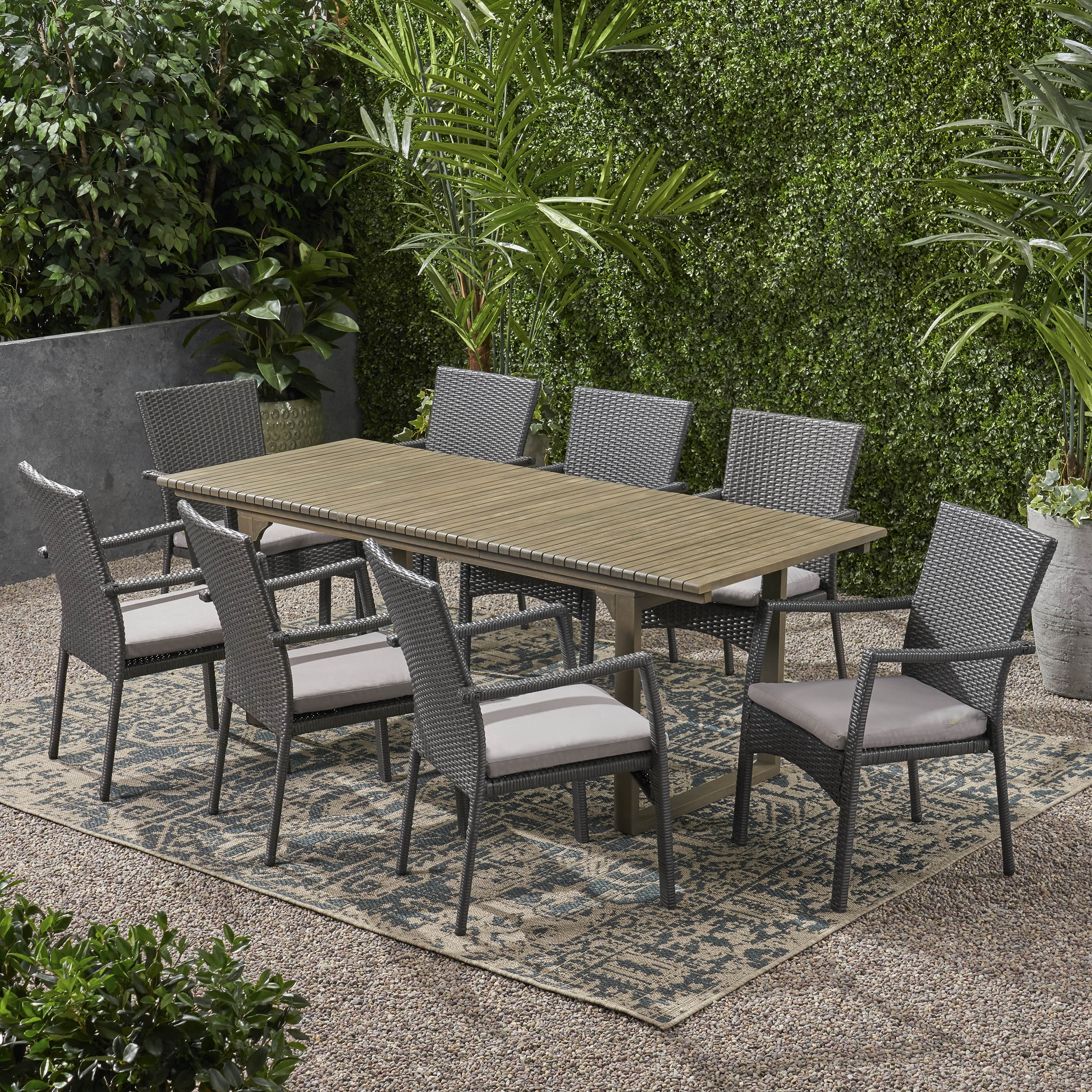 Maise Outdoor 8 Seater Expandable Wood and Wicker Dining Set, Gray - furnishings