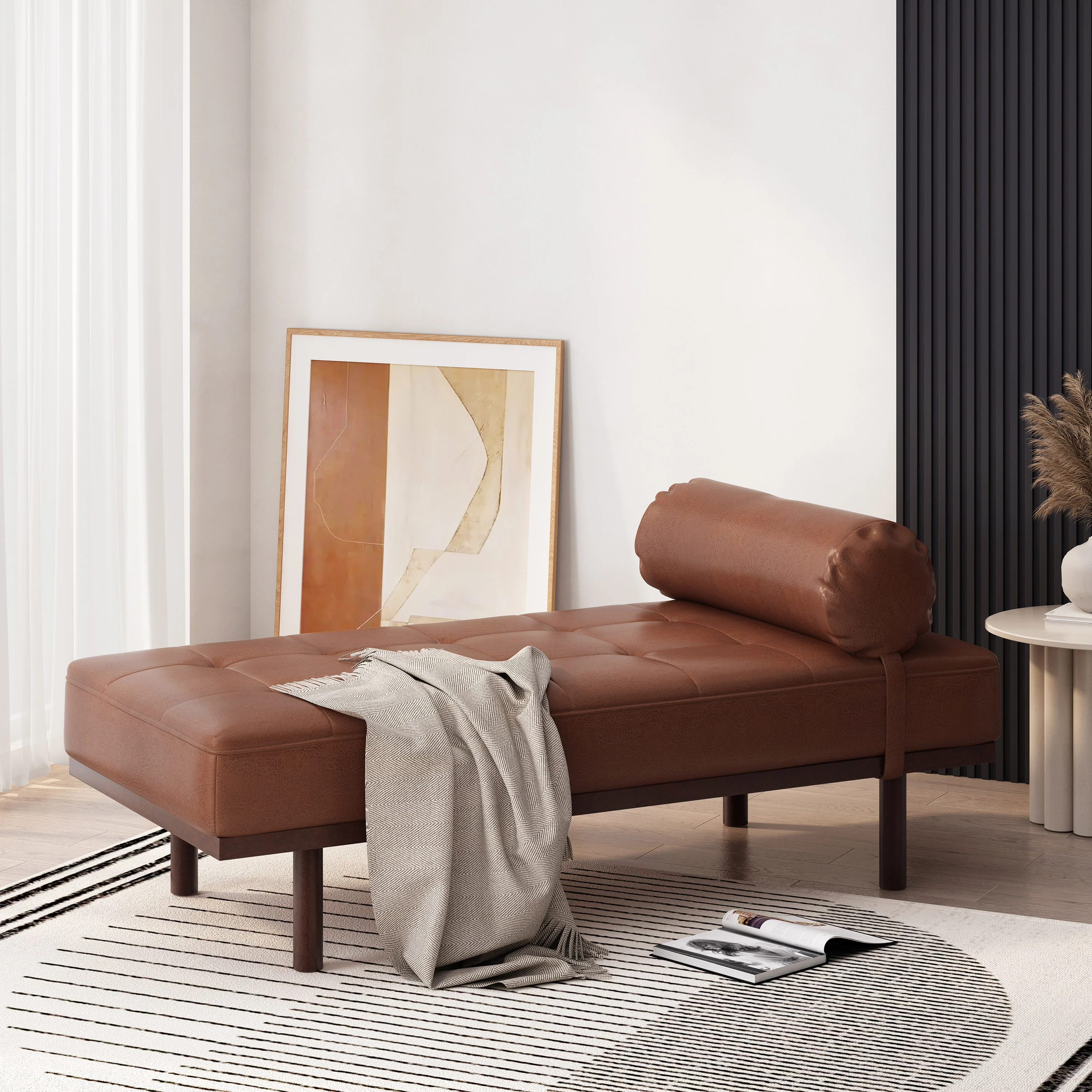 Elmore Mid Century Modern Faux Leather Tufted Chaise Lounge with Bolster Pillow - furnishings