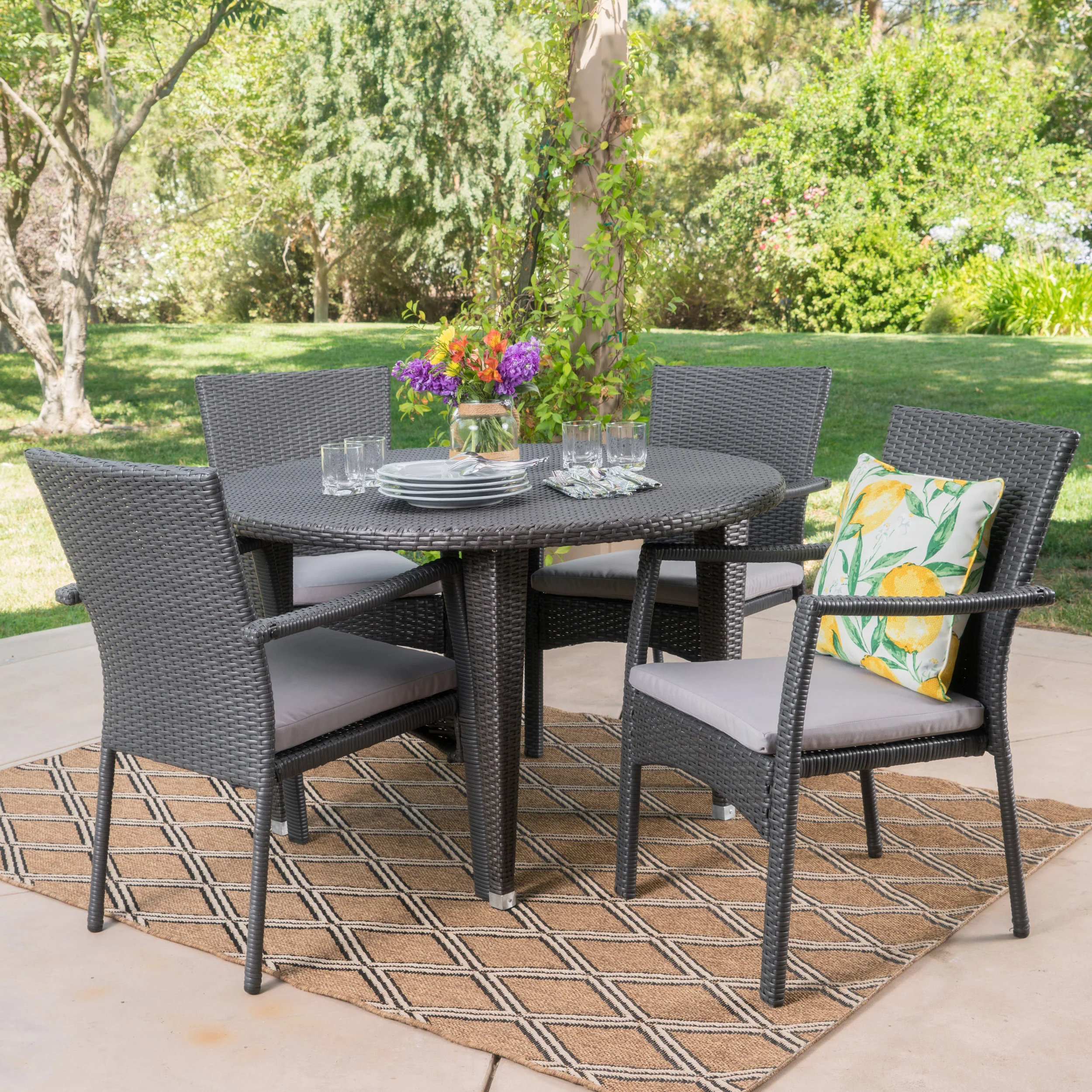 Pelican Outdoor 5 Piece Wicker Circular Dining Set with Water Resistant Cushions - furnishings