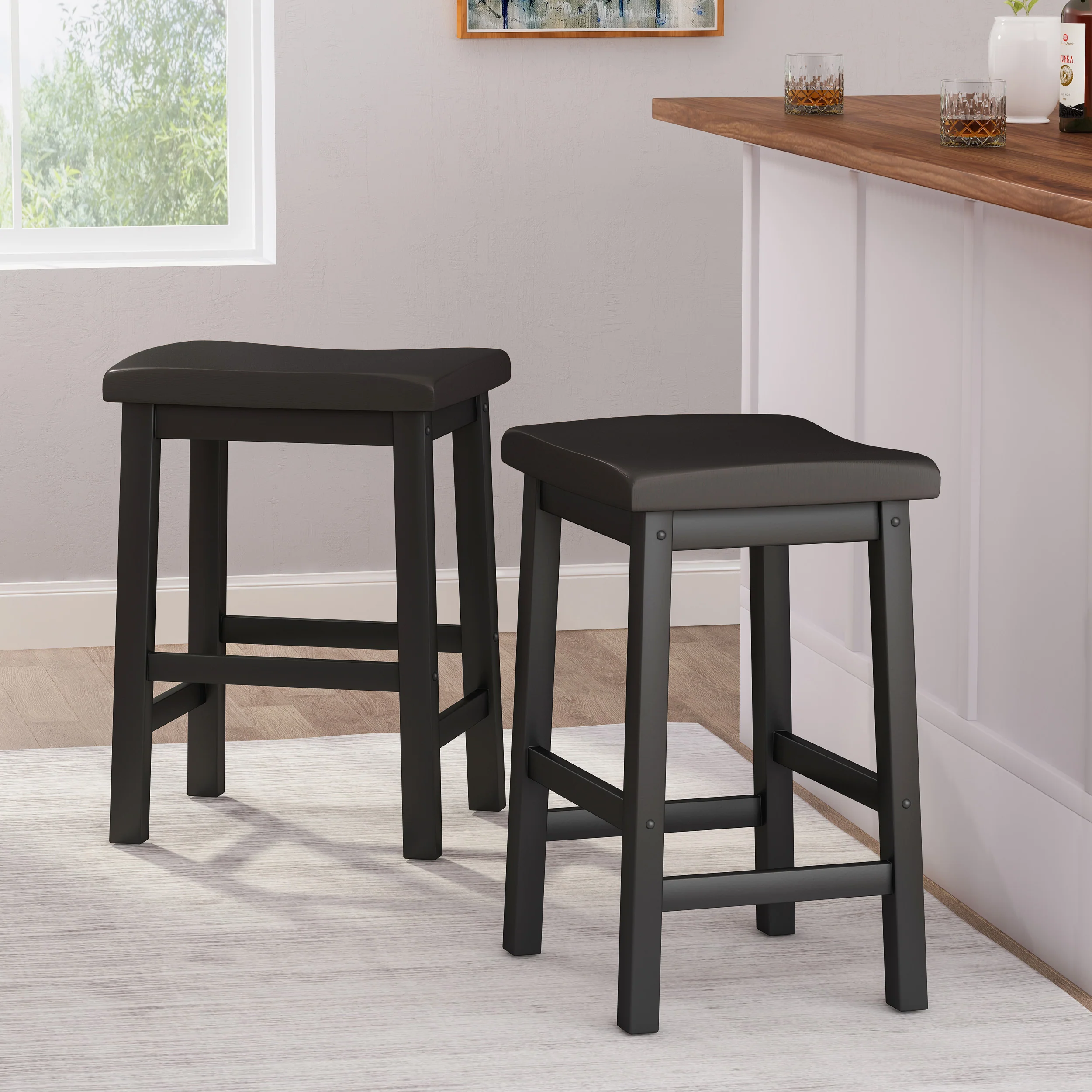Marcy Black Saddle Wood 24-Inch Counter Stool (Set of 2) - furnishings