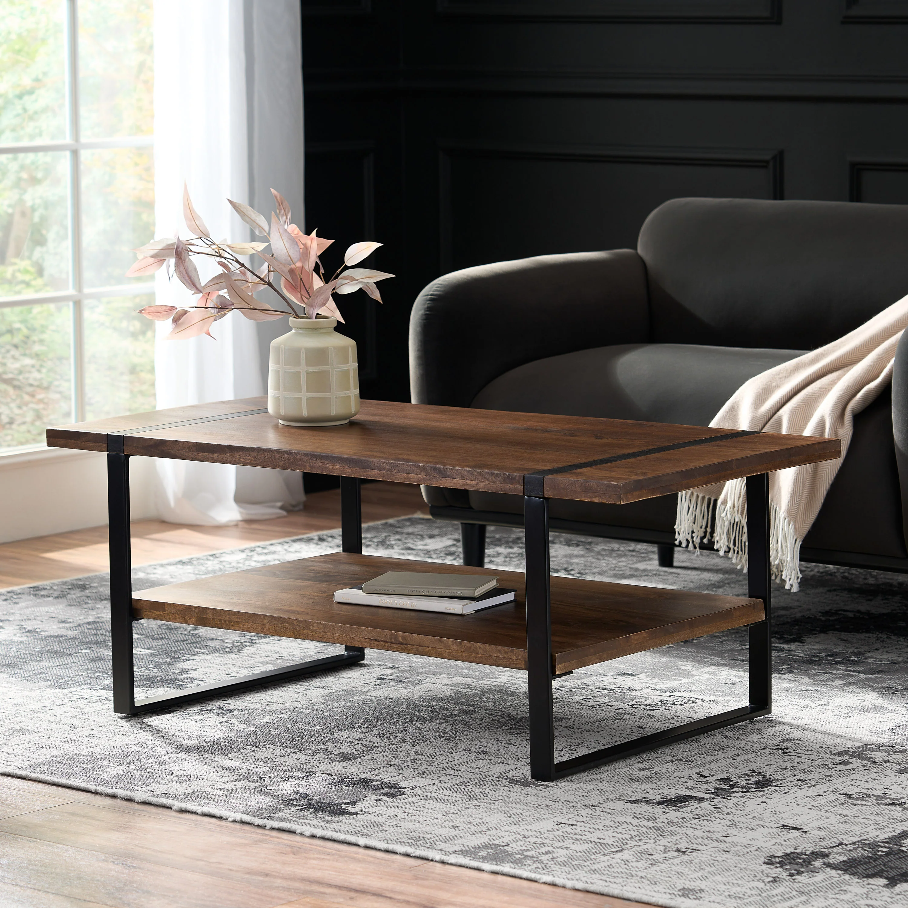 Riverlake Handmade Mango Wood and Iron Rectangular Coffee Table, Walnut Brown and Black - furnishings