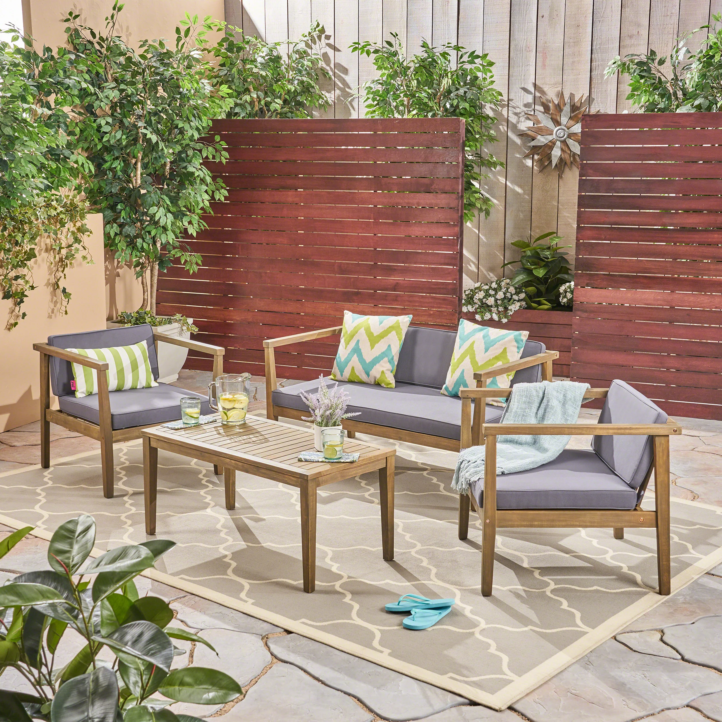 Maddox Outdoor 4-Seater Acacia Wood Chat Set with Coffee Table - furnishings